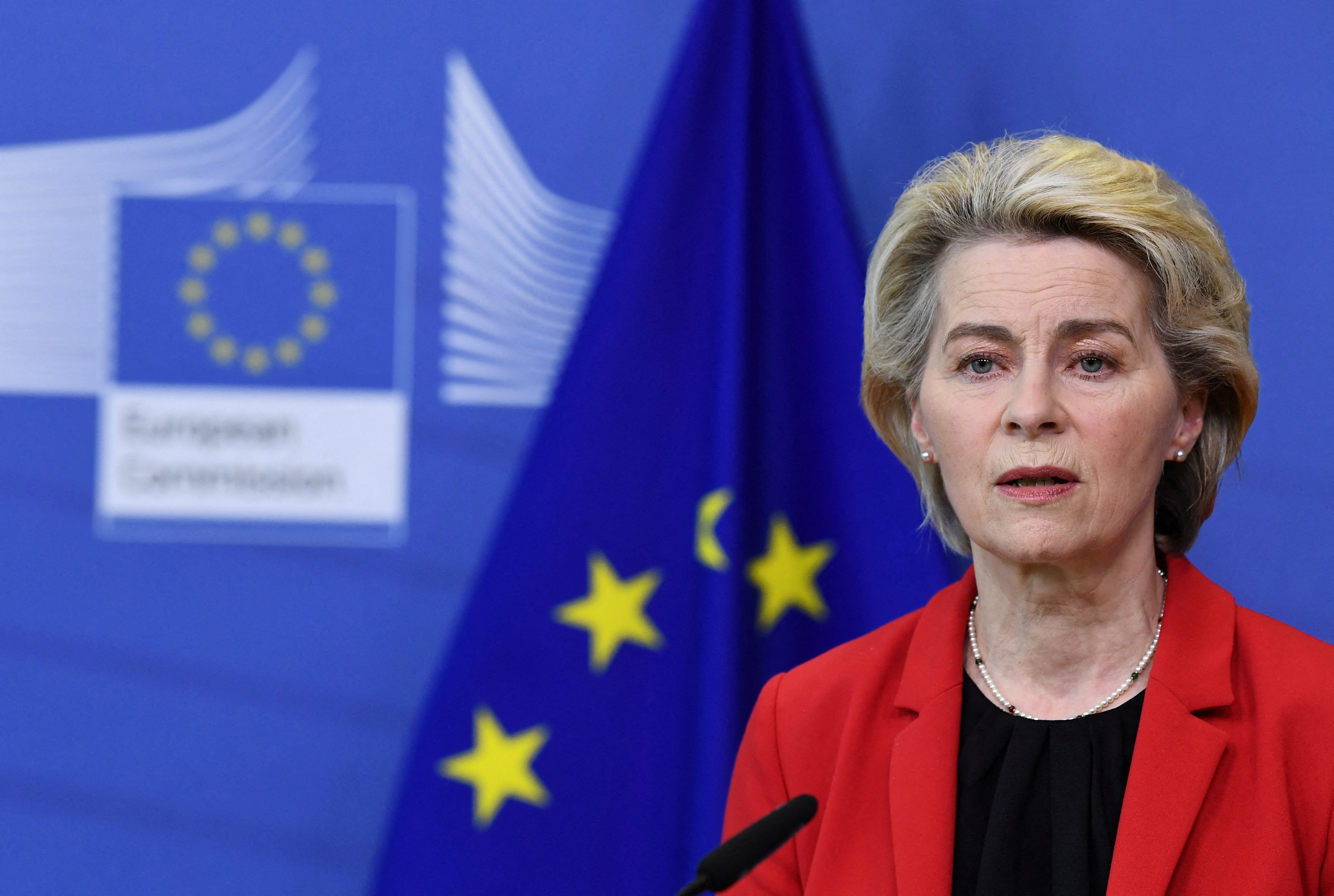 European Commission President Ursula von der Leyen gives a statement on Ukraine in Brussels