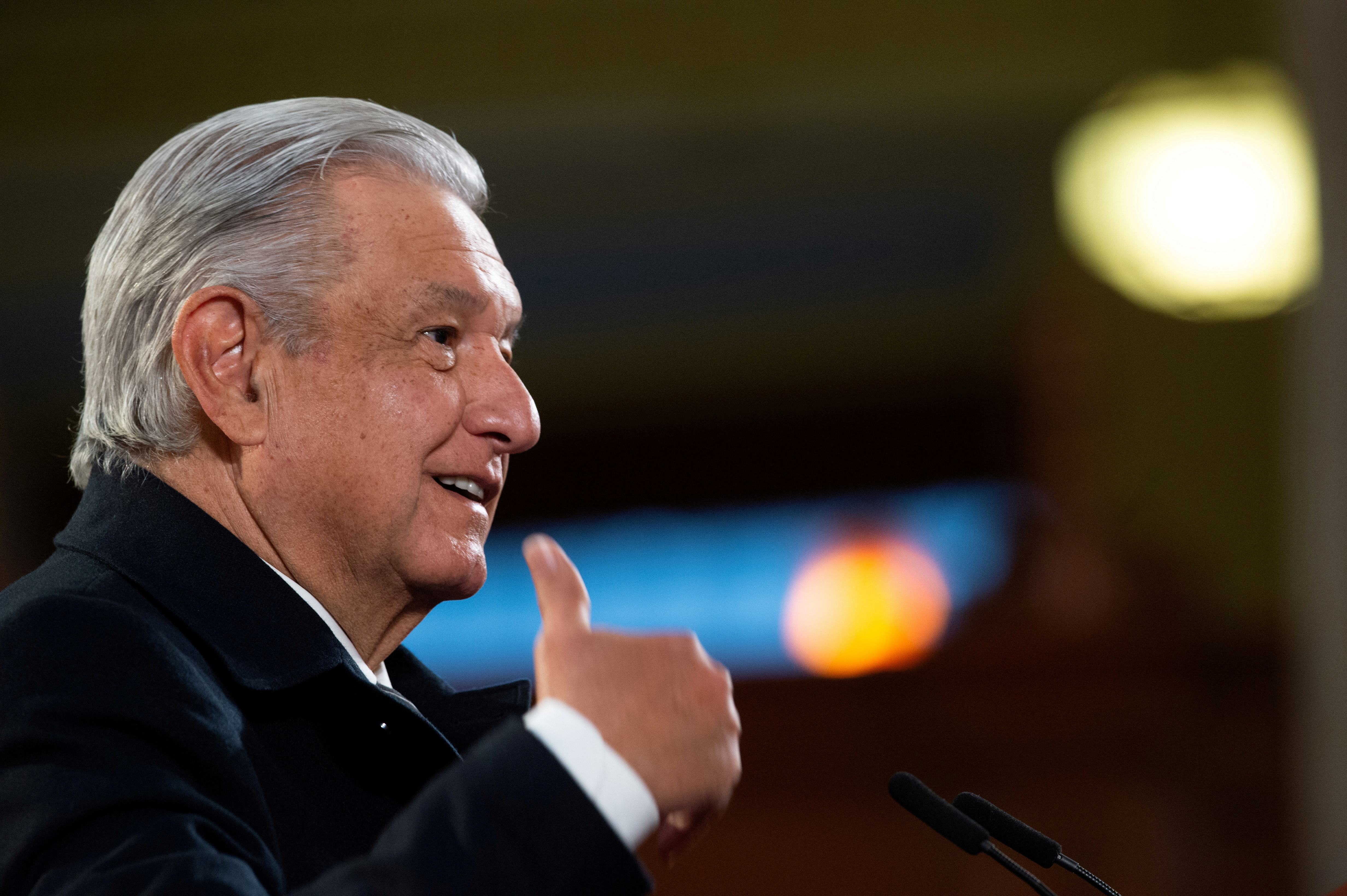Mexico's President Andres Manuel Lopez Obrador holds a news conference at the National Palace in Mexico City
