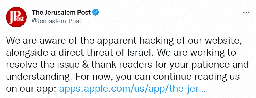 A tweet from the Jerusalem Post about an apparent hack of their website is seen in this screen grab obtained from social media