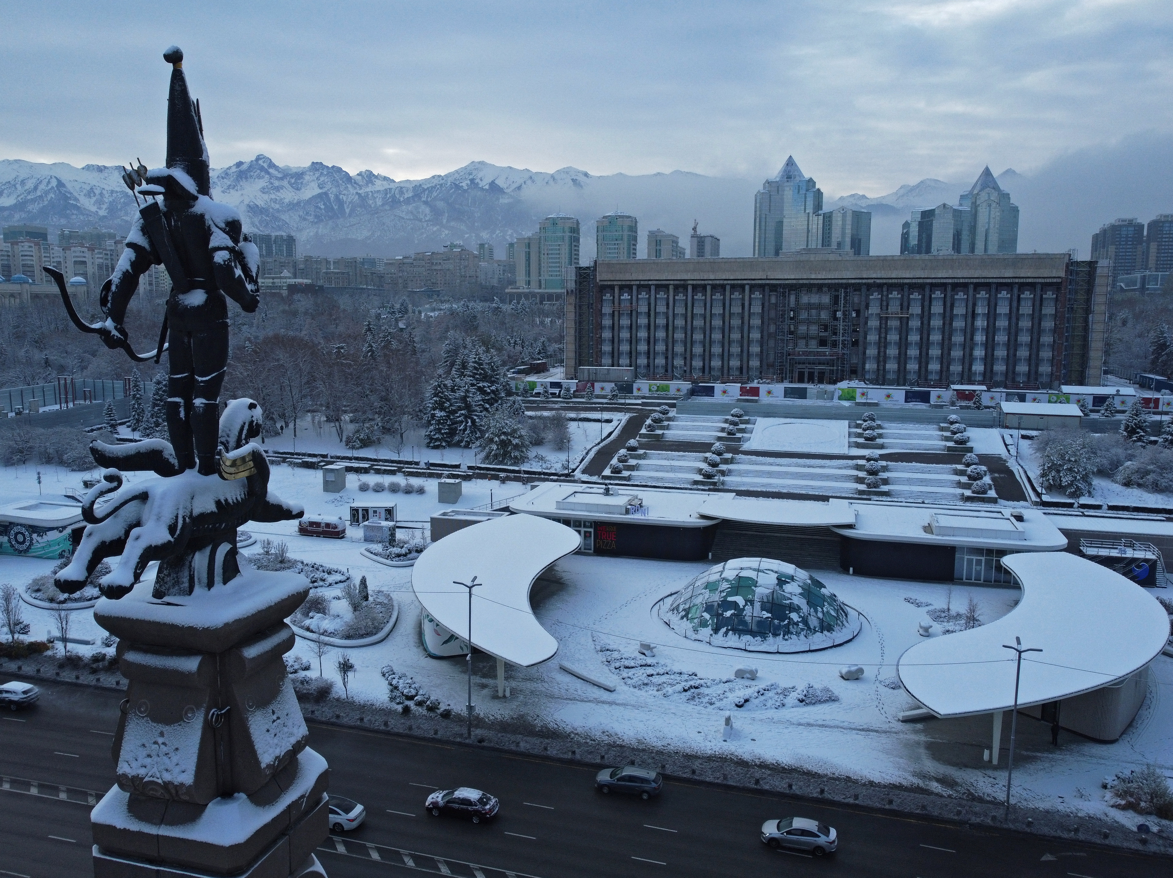 A view shows the Monument of Independence in front of the city administration headquarters in Almaty