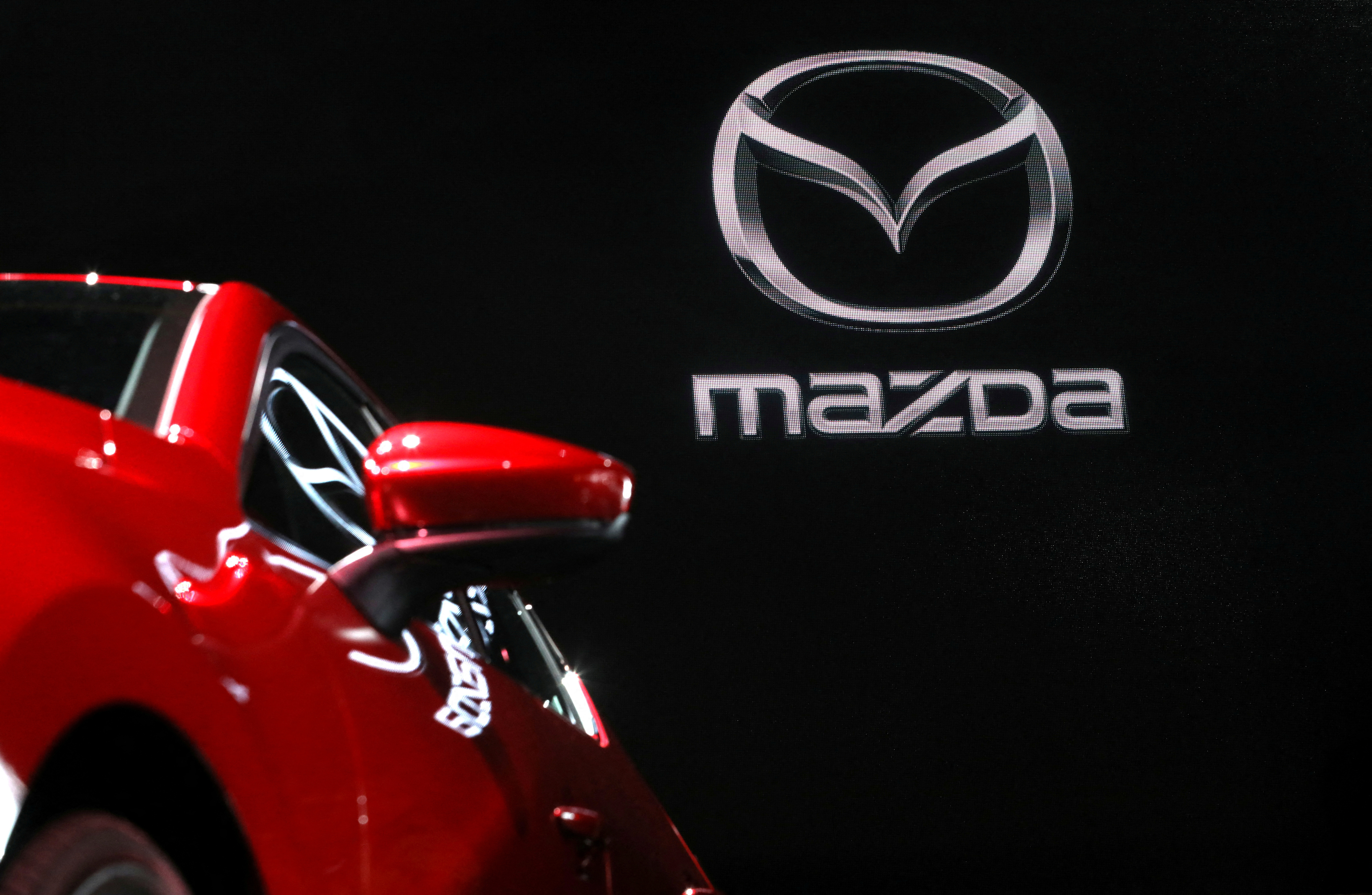 A Mazda 3 is seen on display at the 2019 New York International Auto Show in New York