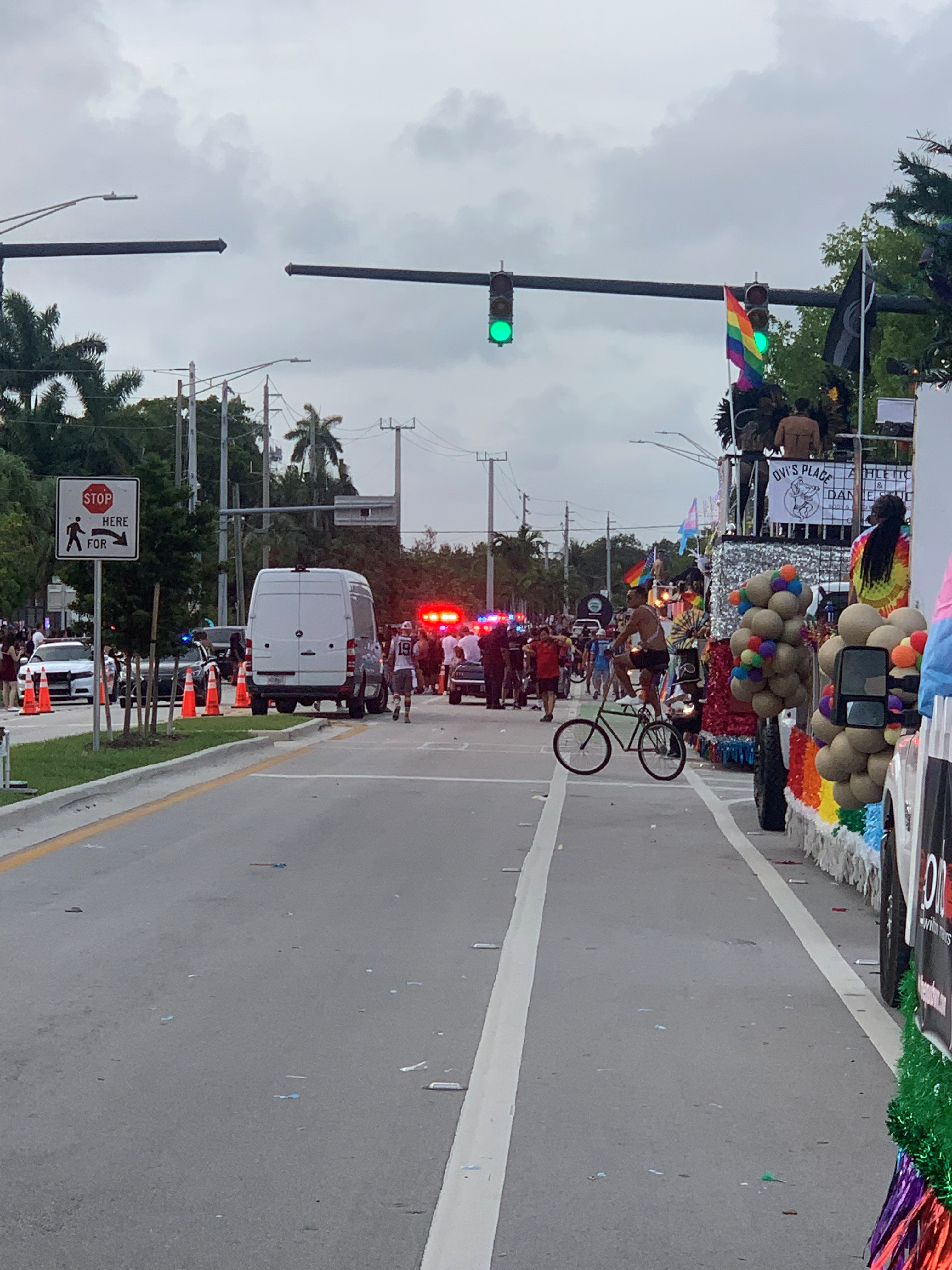 Emergency services are seen along the route of pride parade floats, in Wilton Manors, Florida, U.S. in this picture obtained from social media