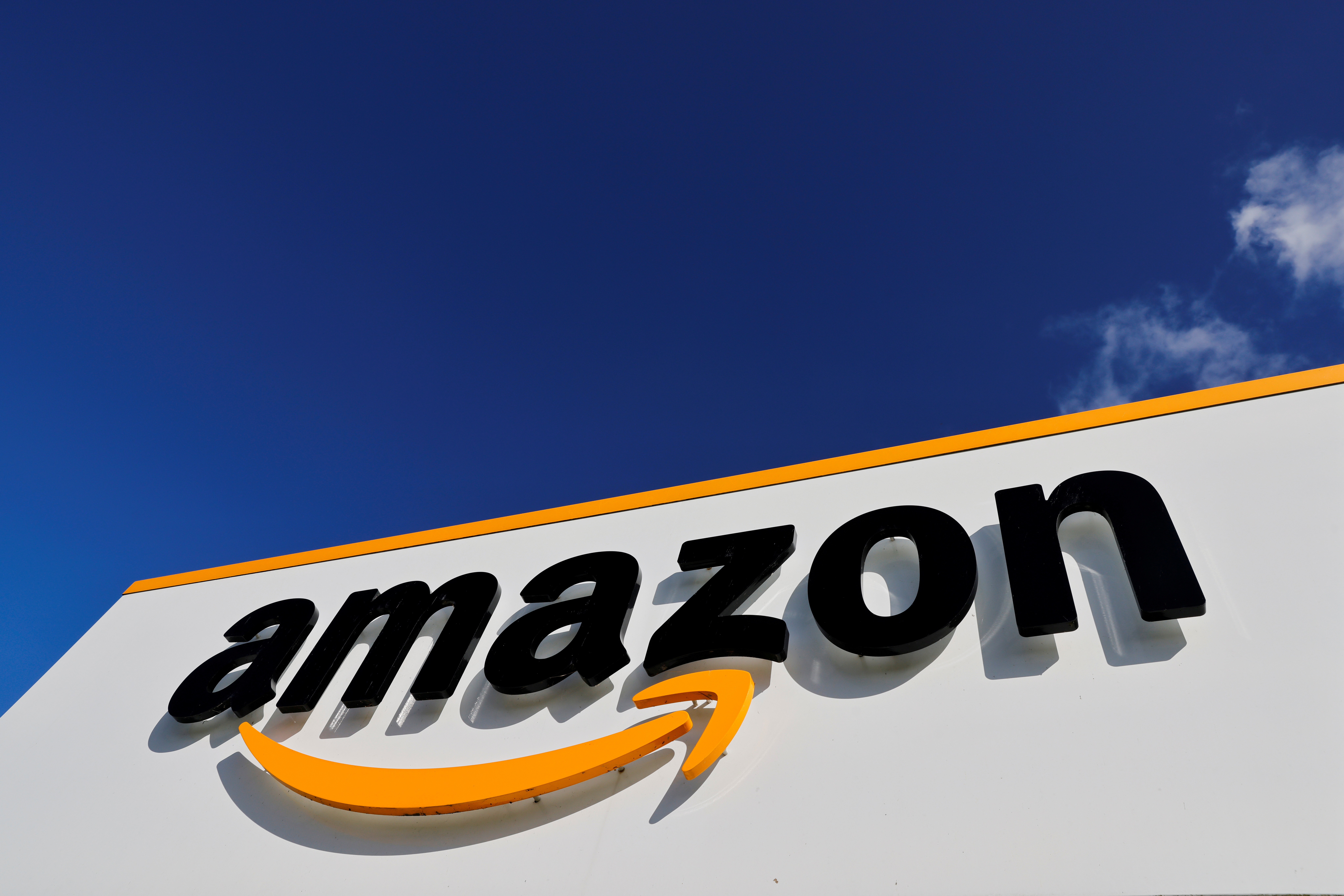 The logo of Amazon is seen at the company logistics centre in Boves, France