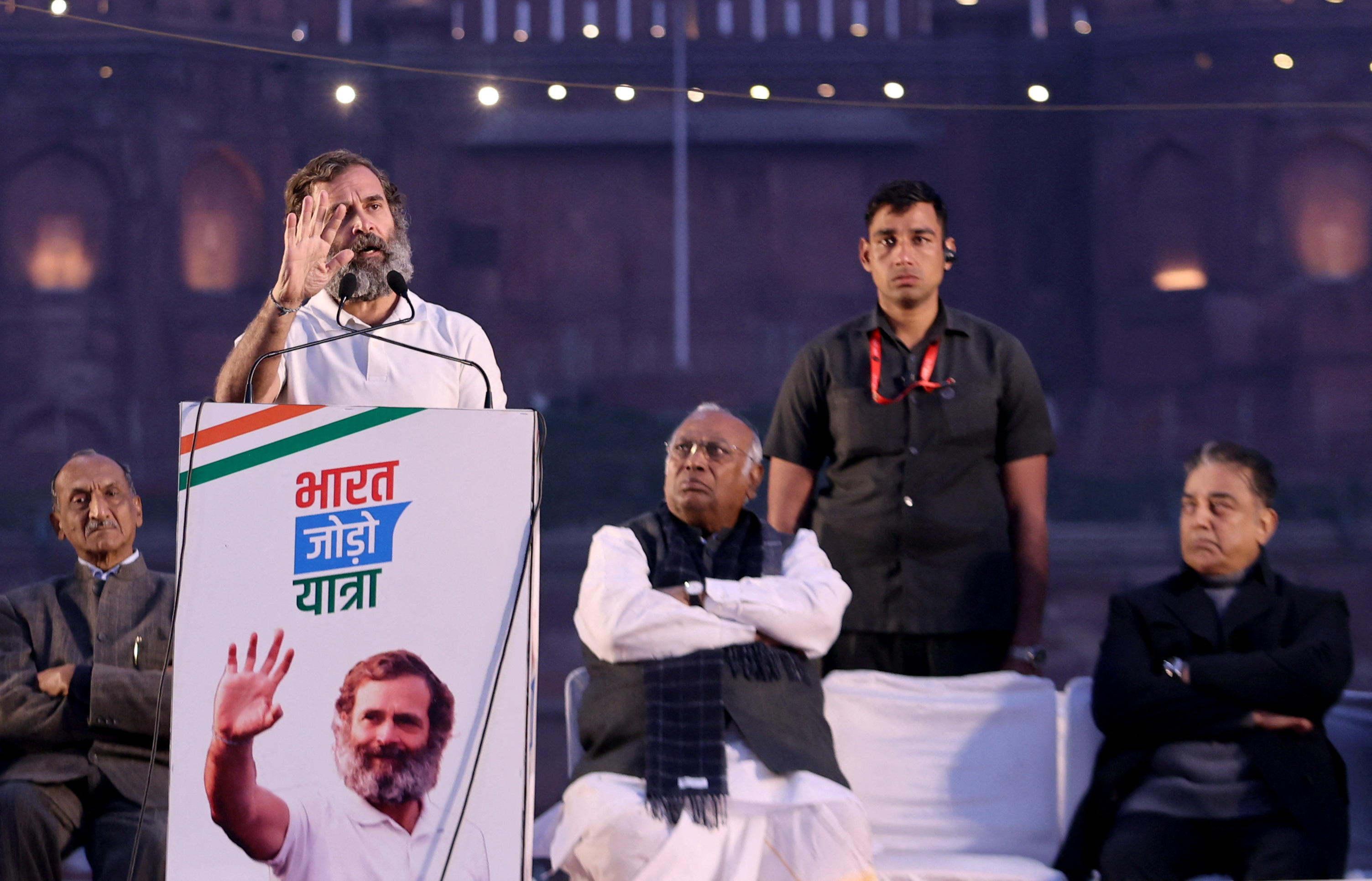 Congress Party leader Rahul Gandhi addresses the crowd during the ongoing Bharat Jodo Yatra