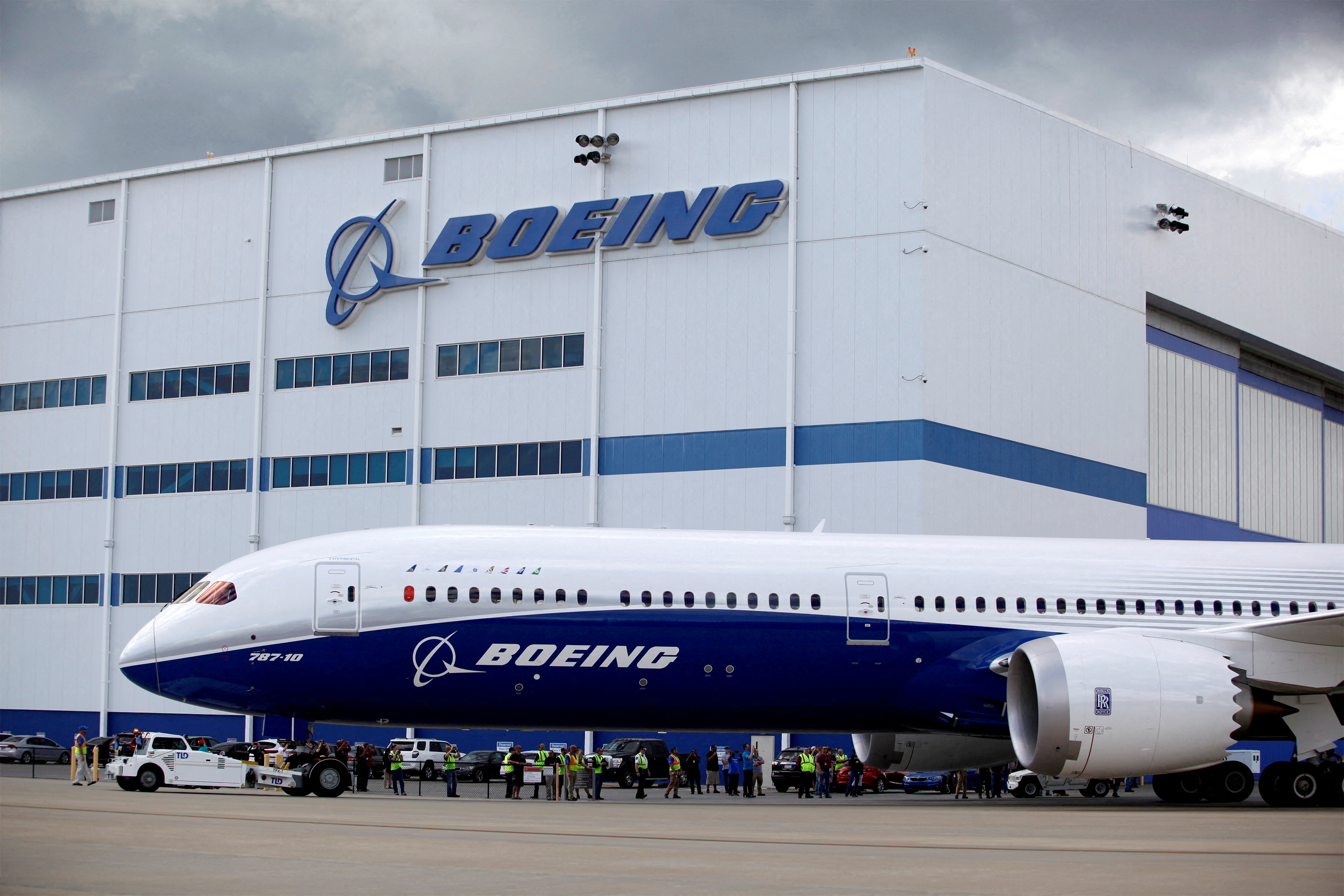 A Boeing 787-10 Dreamliner taxis past the Final Assembly Building at Boeing South Carolina in North Charleston