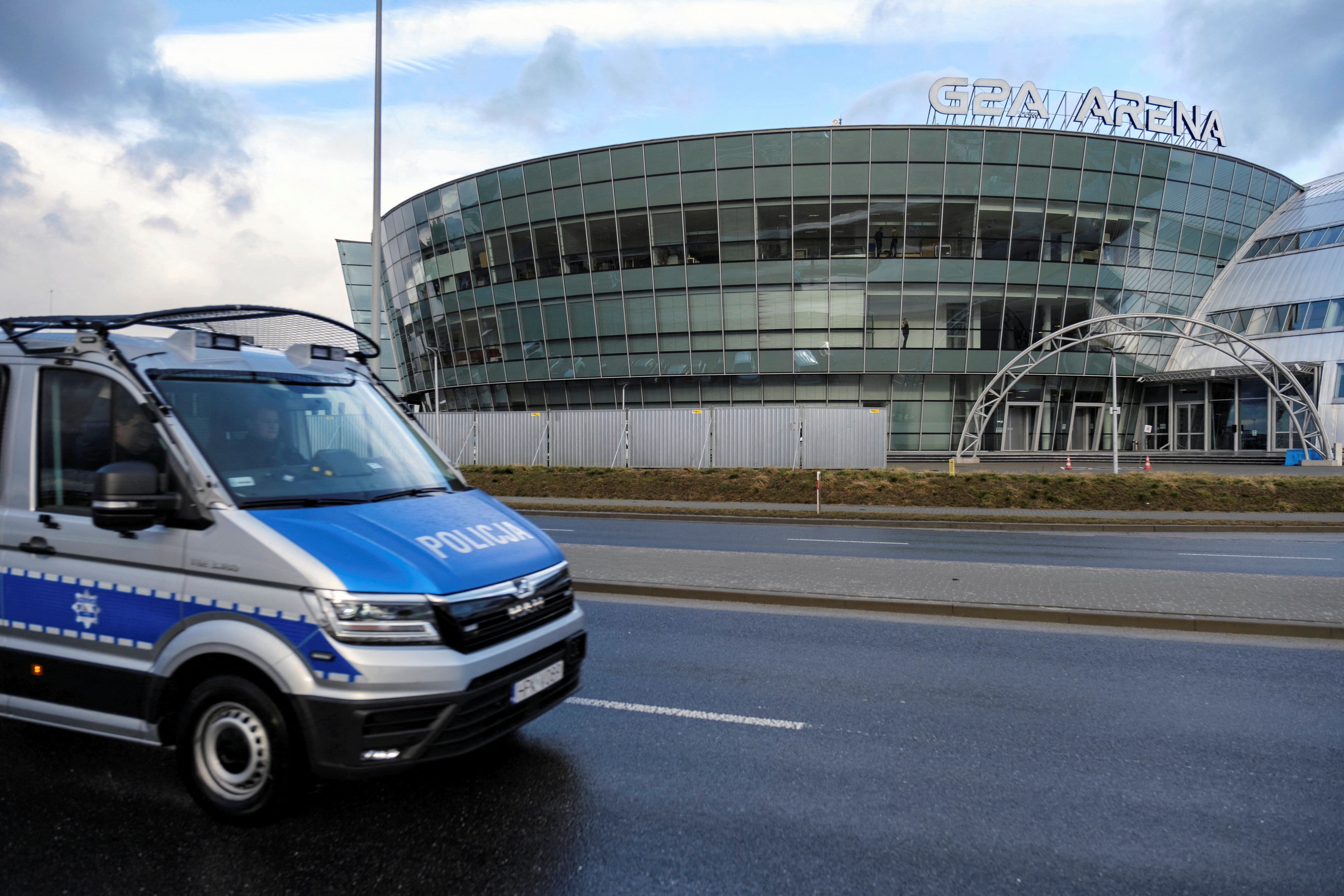A police vehicle drives past by G2A Arena, in Jasionka near Rzeszow