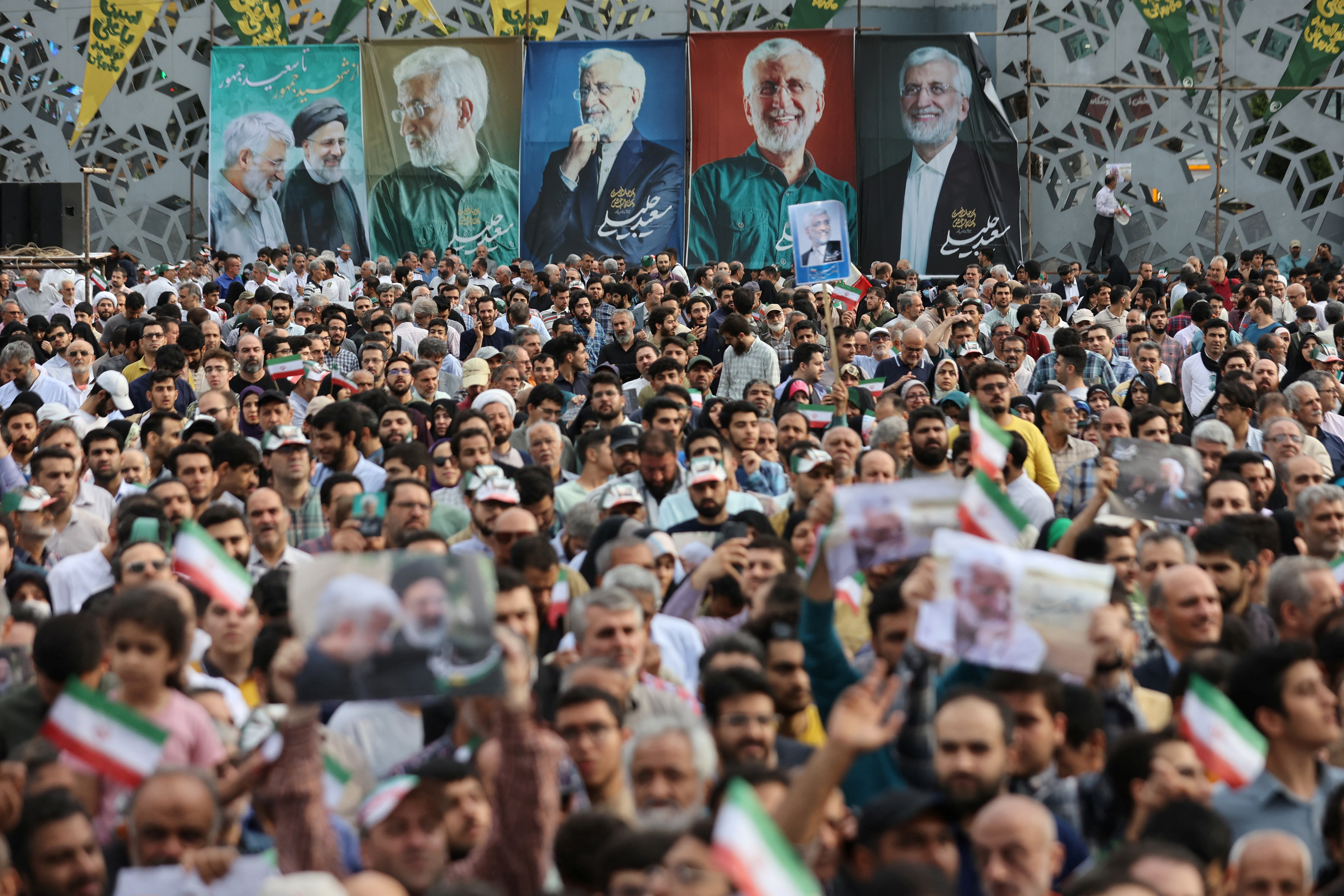 Banners of presidential candidate Saeed Jalili ​are displayed during a campaign event in Tehran