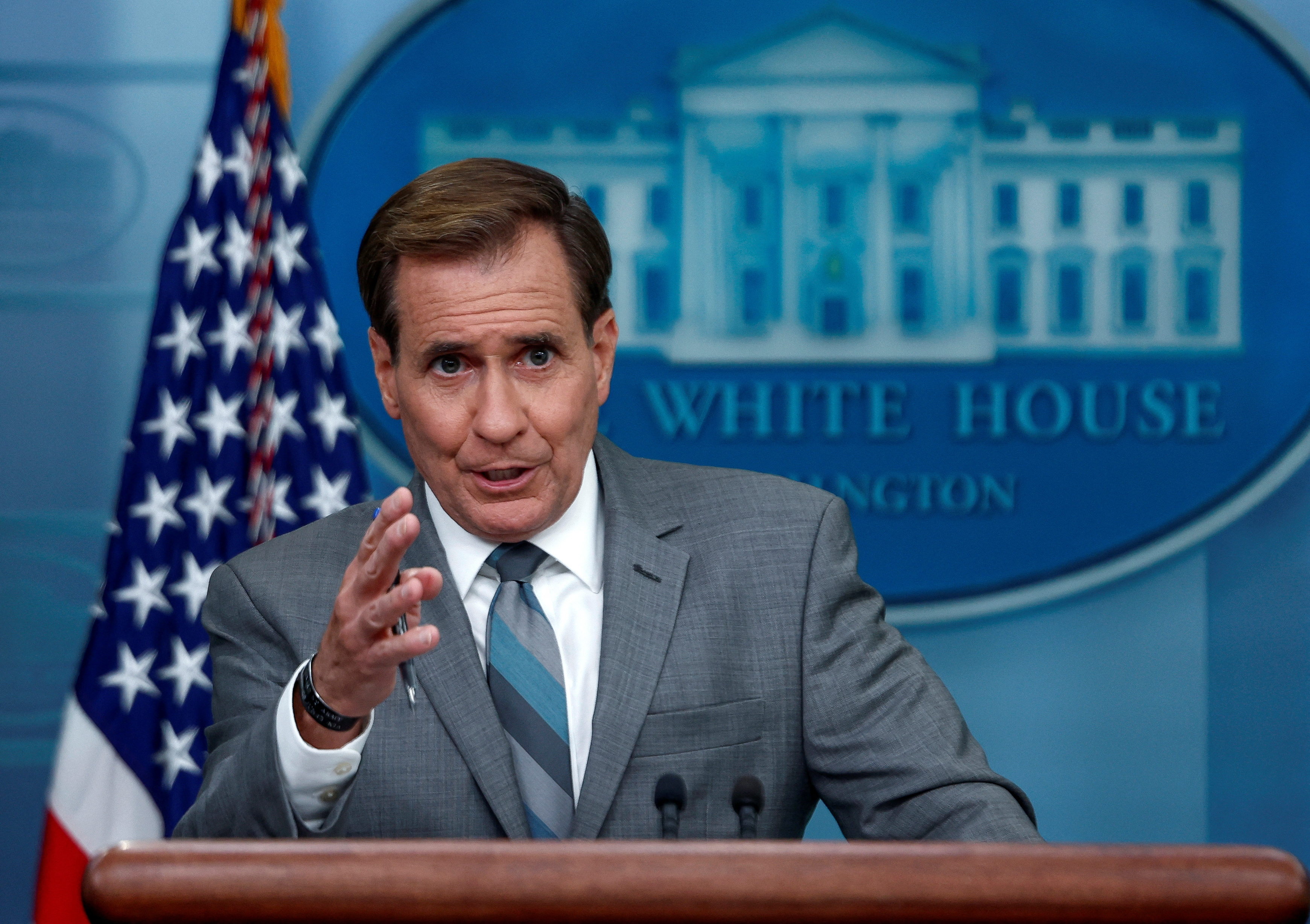 NSC Coordinator for Strategic Communications John Kirby speaks during the daily press briefing at the White House
