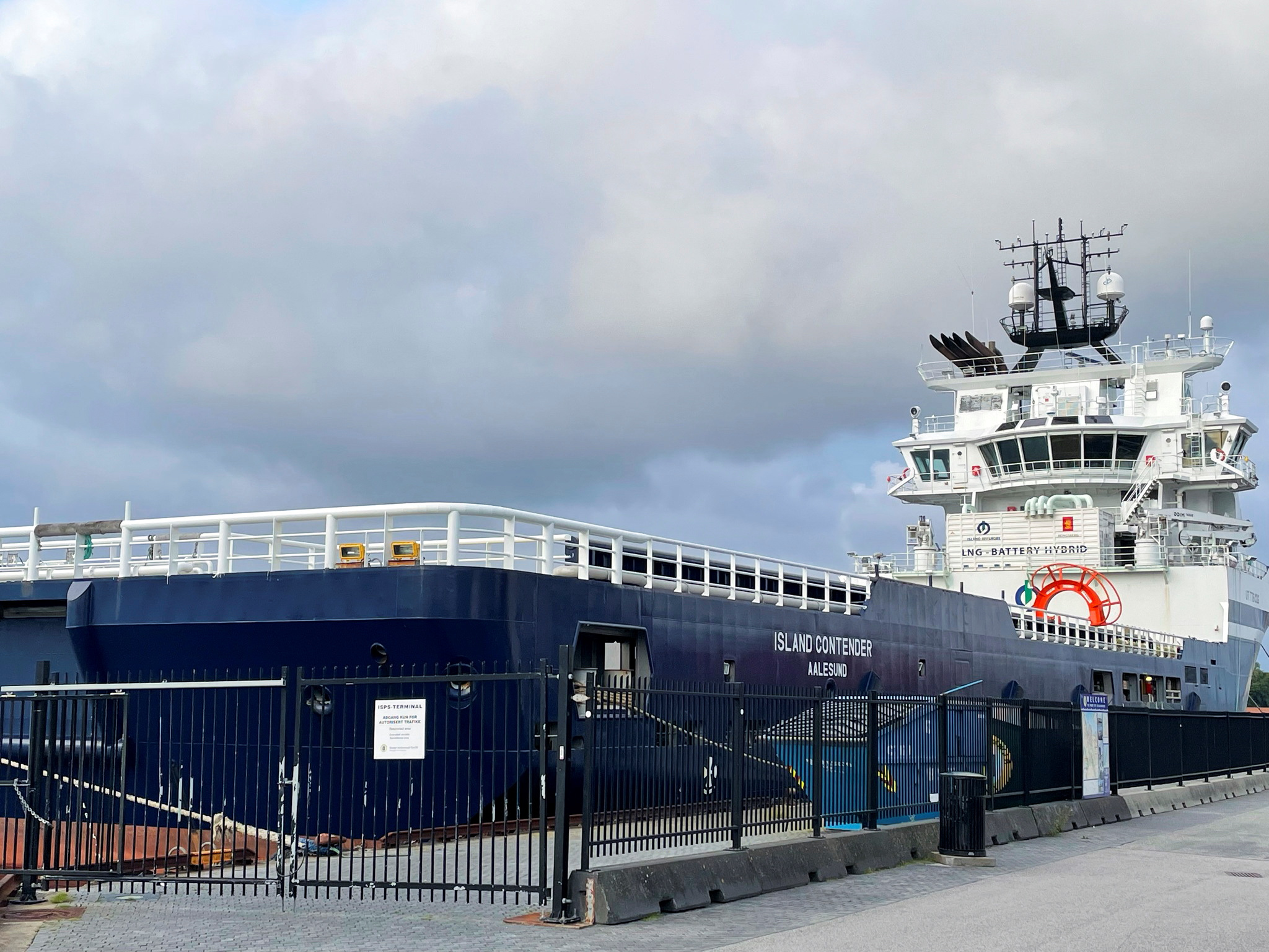 Offshore oil and gas platform supply vessel (PSV) is docked in Stavanger