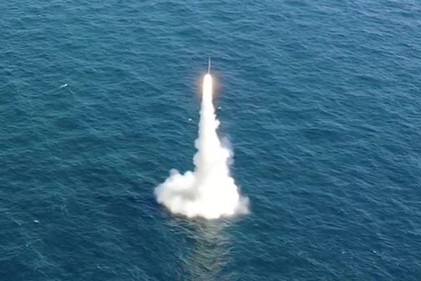 A submarine-launched ballistic missile (SLBM) is launched from 3,000 ton class Dosan Ahn Chang-ho submarine during its test