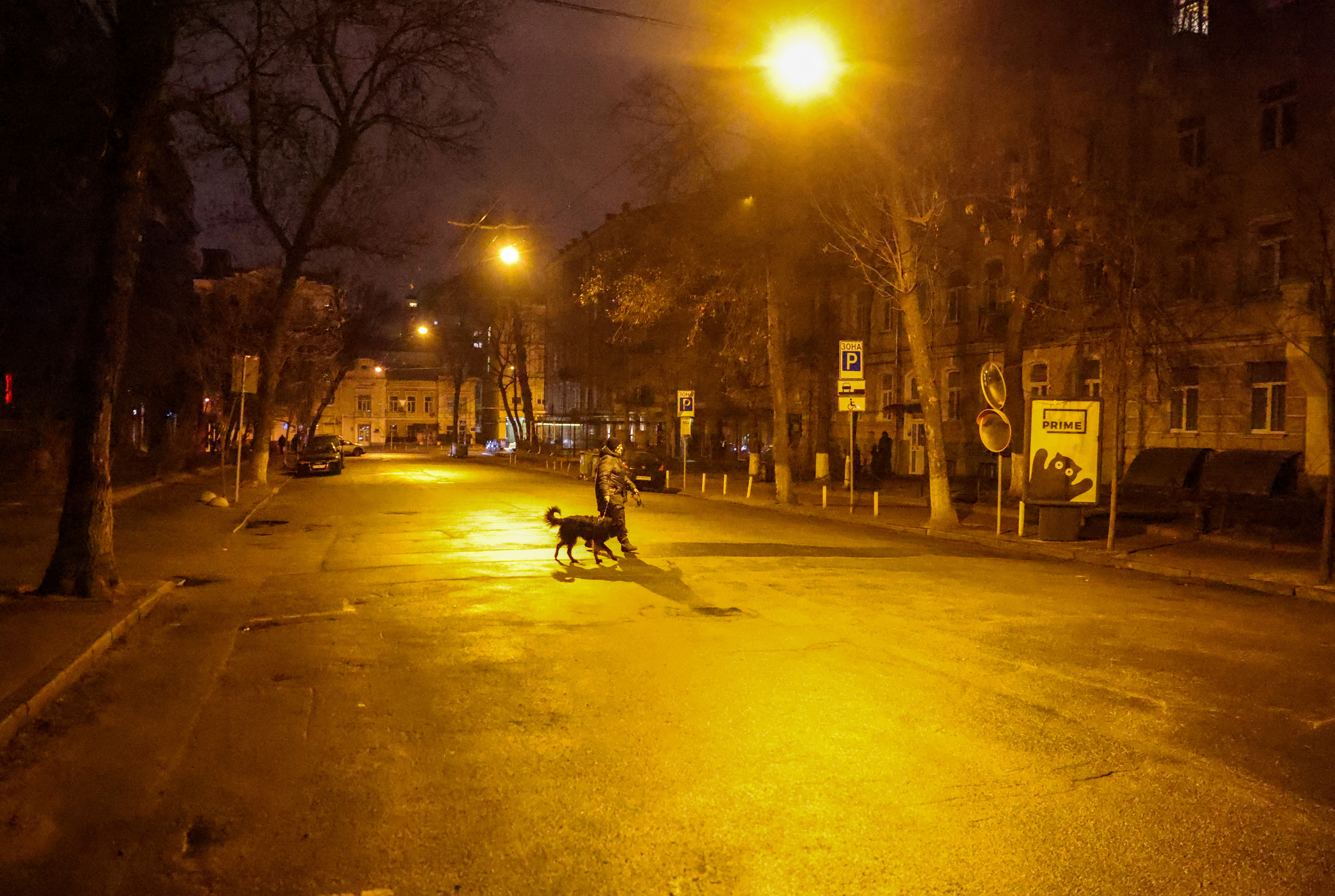 A woman walks along a deserted street with her dog a few hours before the curfew in Kyiv