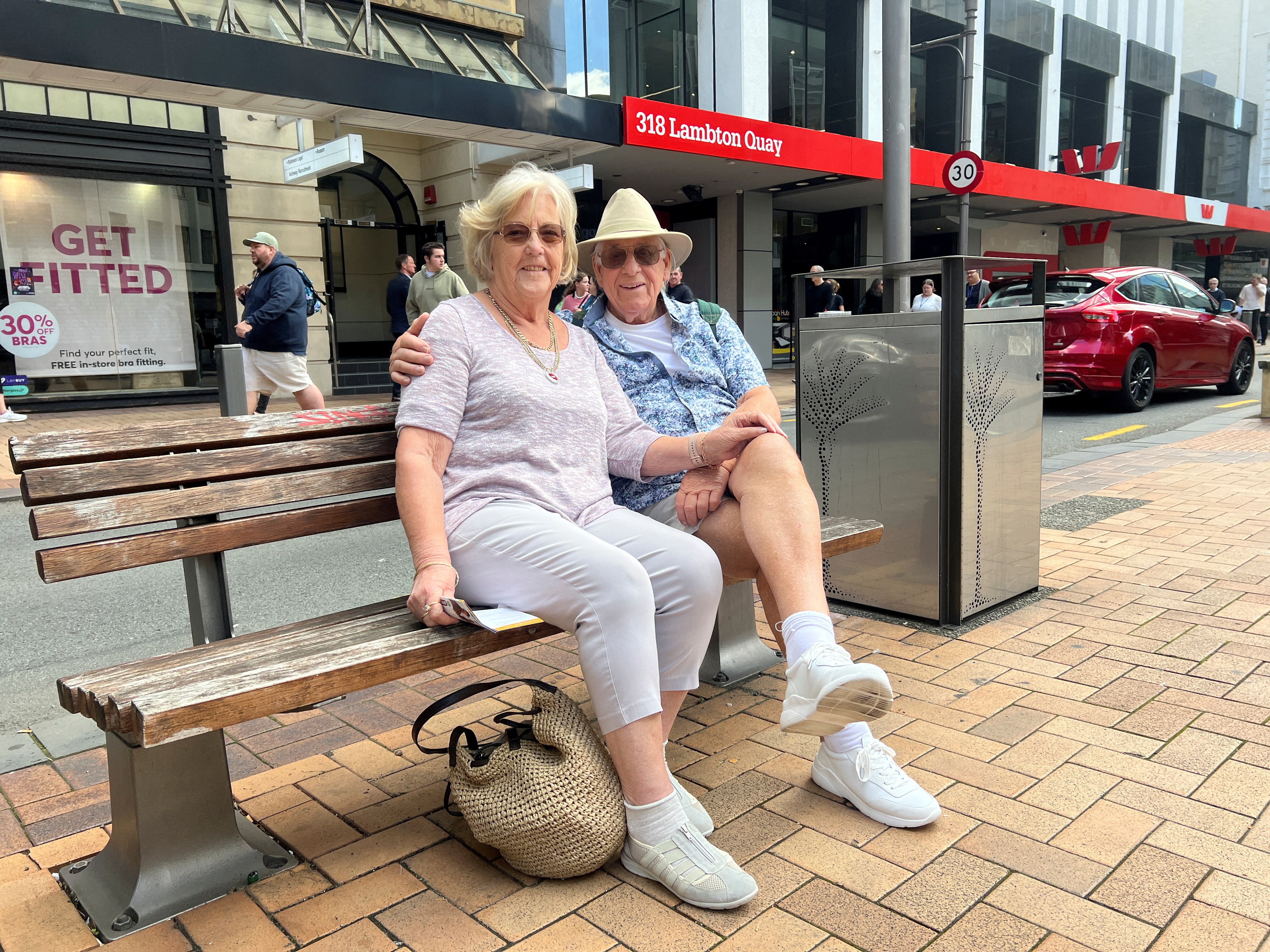 Australians Eunice and John Rowley, who are taking their first holiday in New Zealand, pose for an photo in Wellington