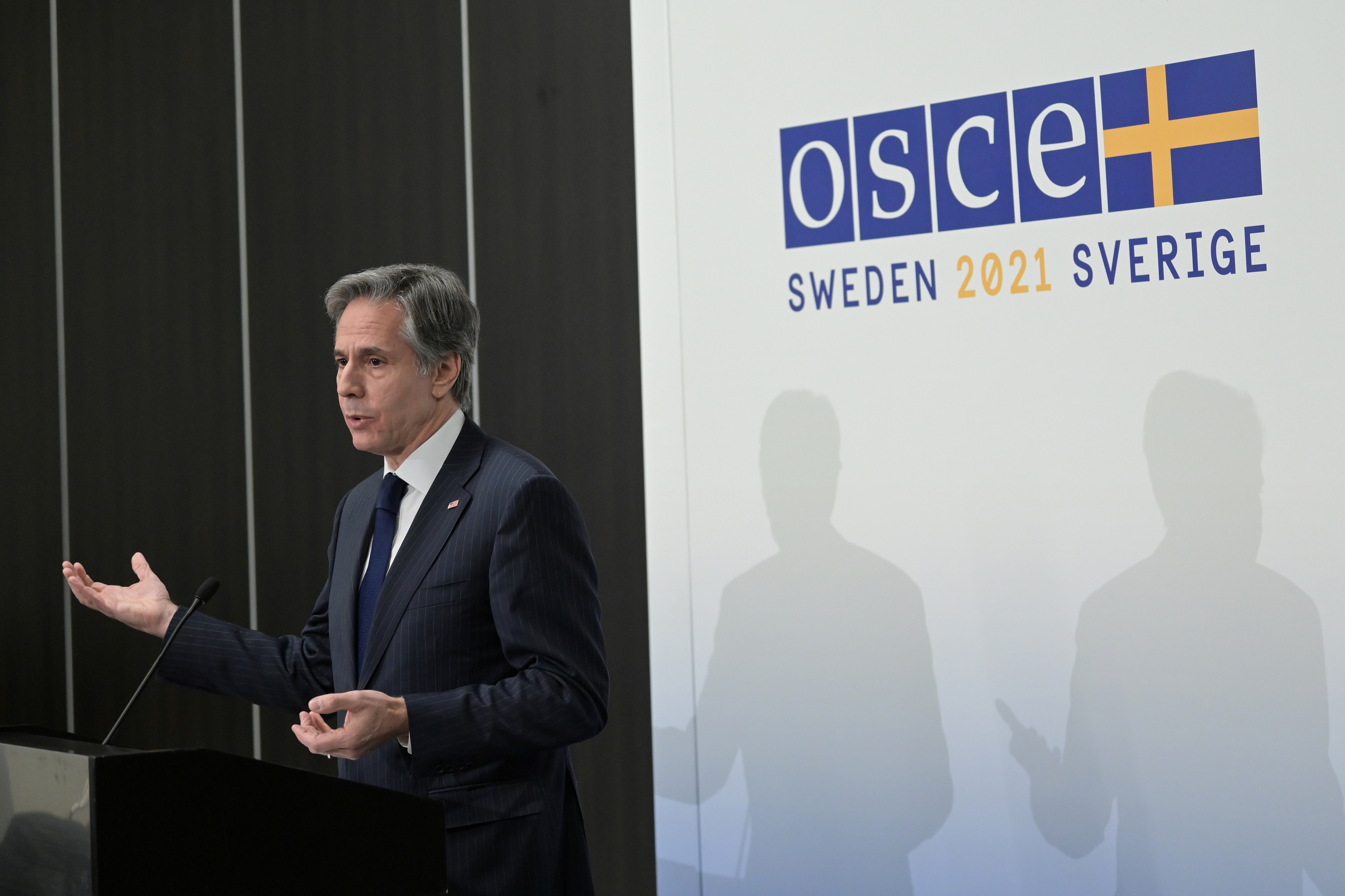 U.S. Secretary of State Antony Blinken addresses a press conference during a ministerial council meeting of the Organisation for Security and Cooperation in Europe (OSCE) in Stockholm, Sweden, December 2, 2021. Jonathan Nackstrand/Pool via REUTERS