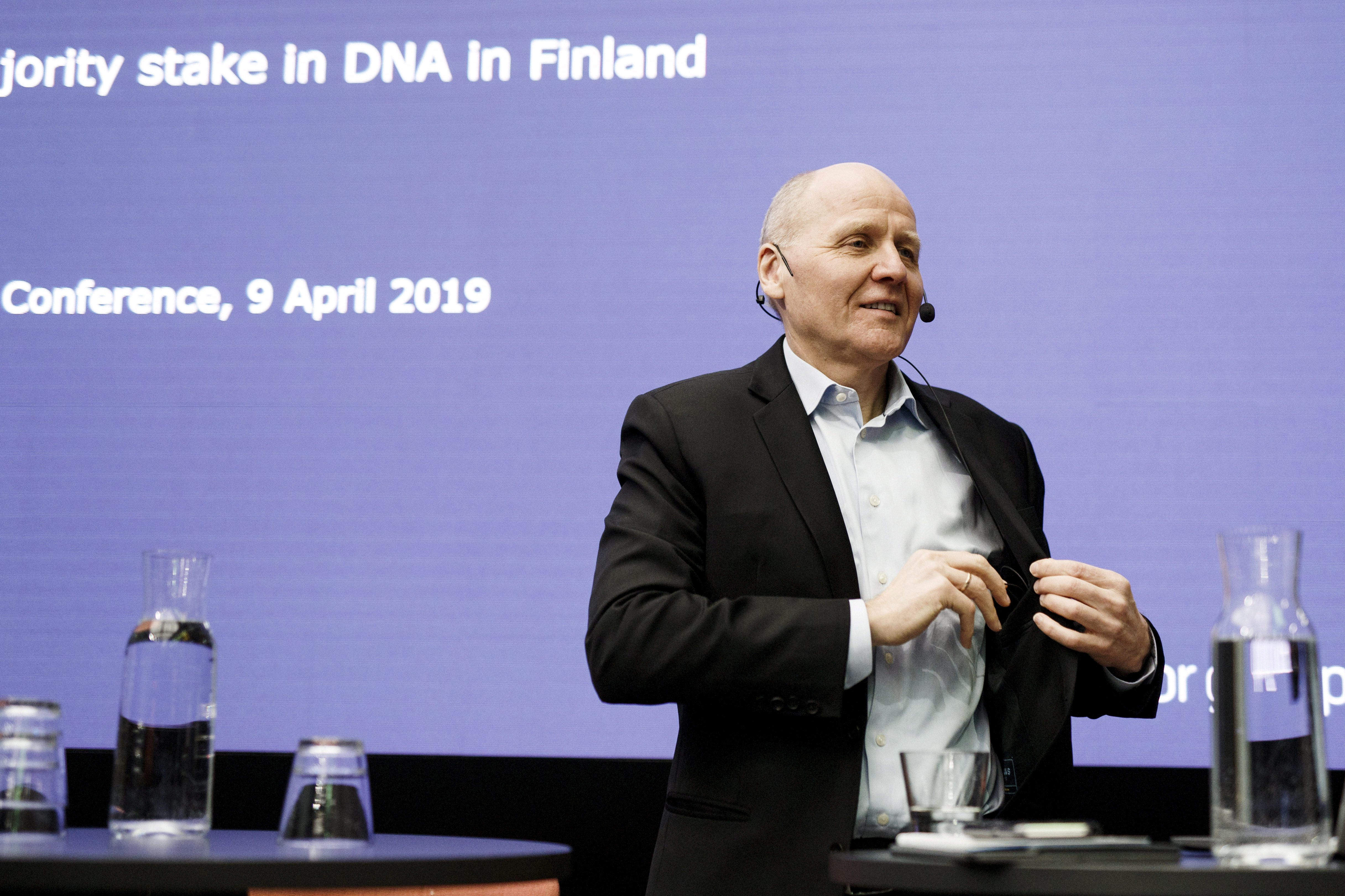 CEO of Telenor, Sigve Brekke reacts during a news conference held in Helsinki