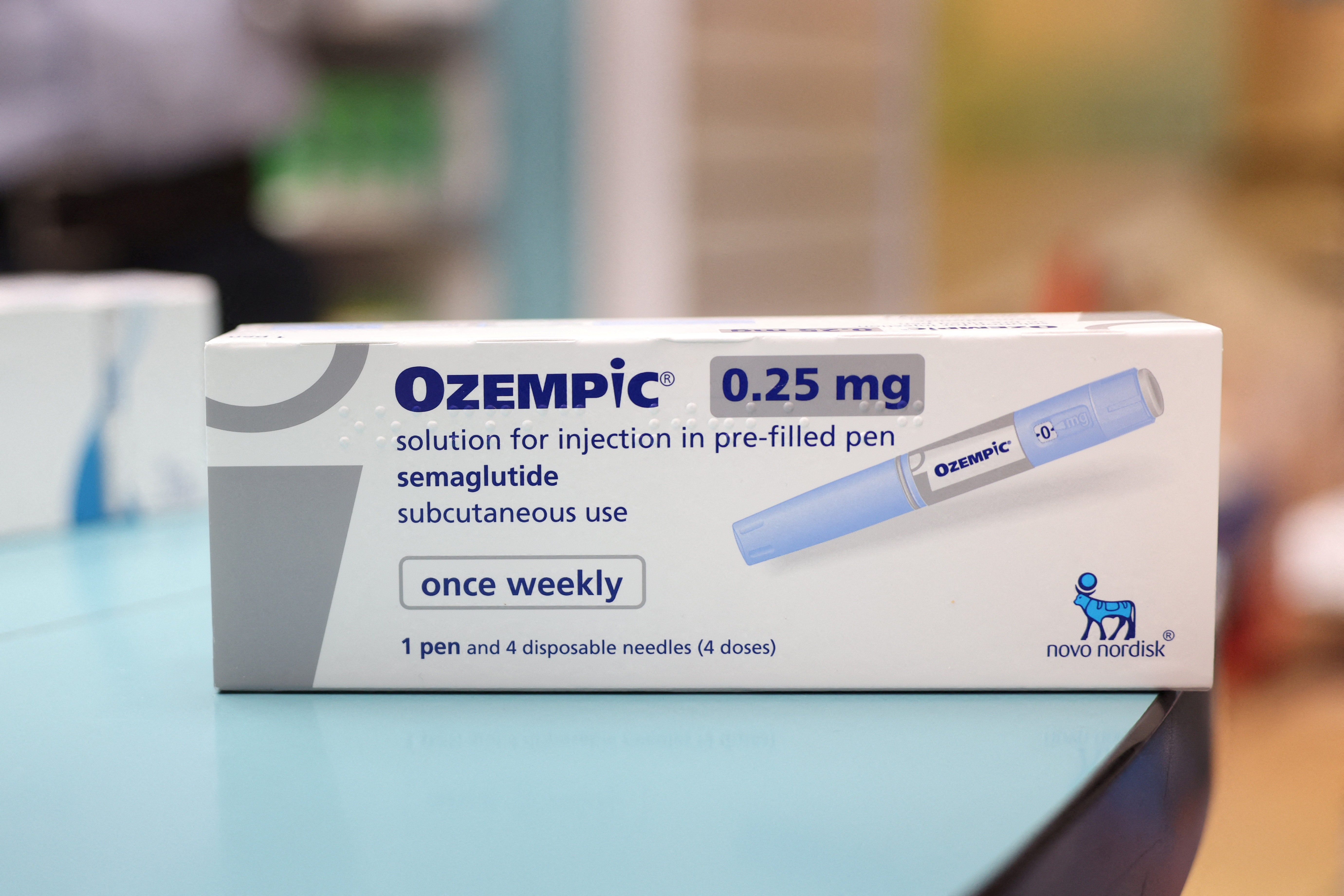 A box of Ozempic made by Novo Nordisk is seen at a pharmacy in London