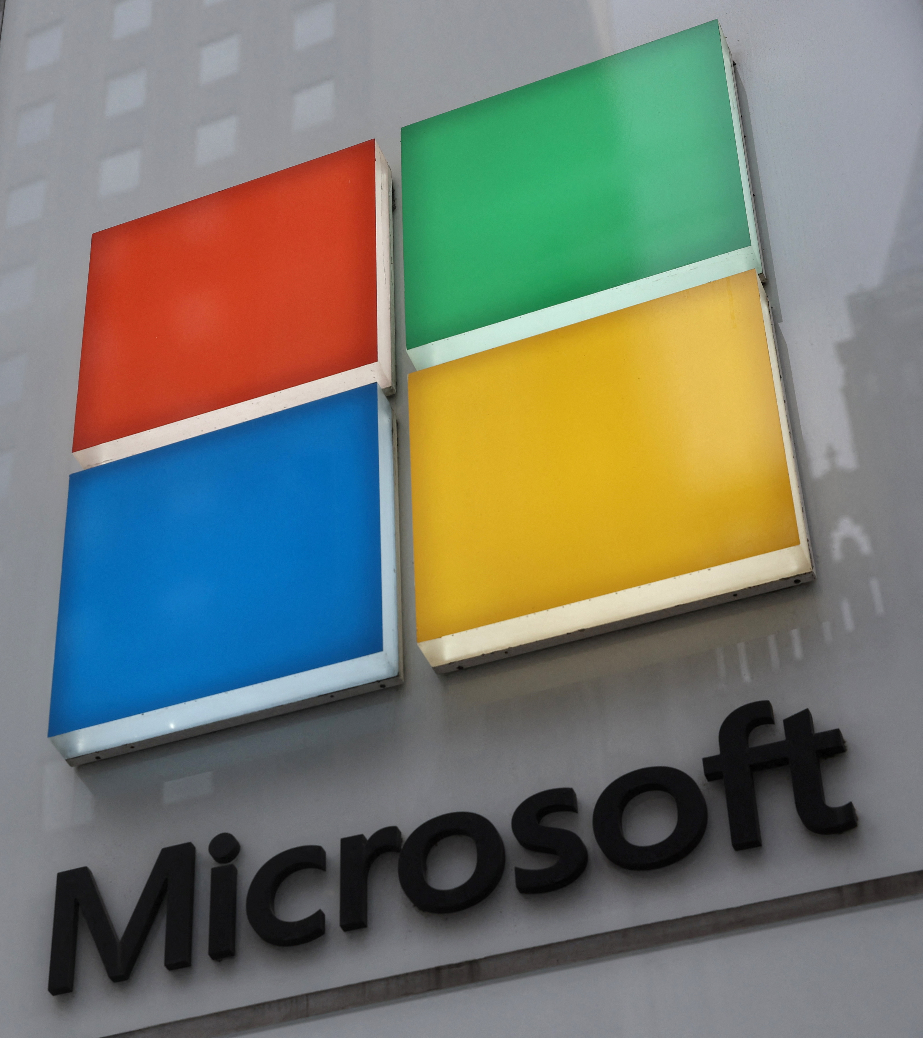 The Microsoft logo is seen outside the Microsoft Experience Center in New York City