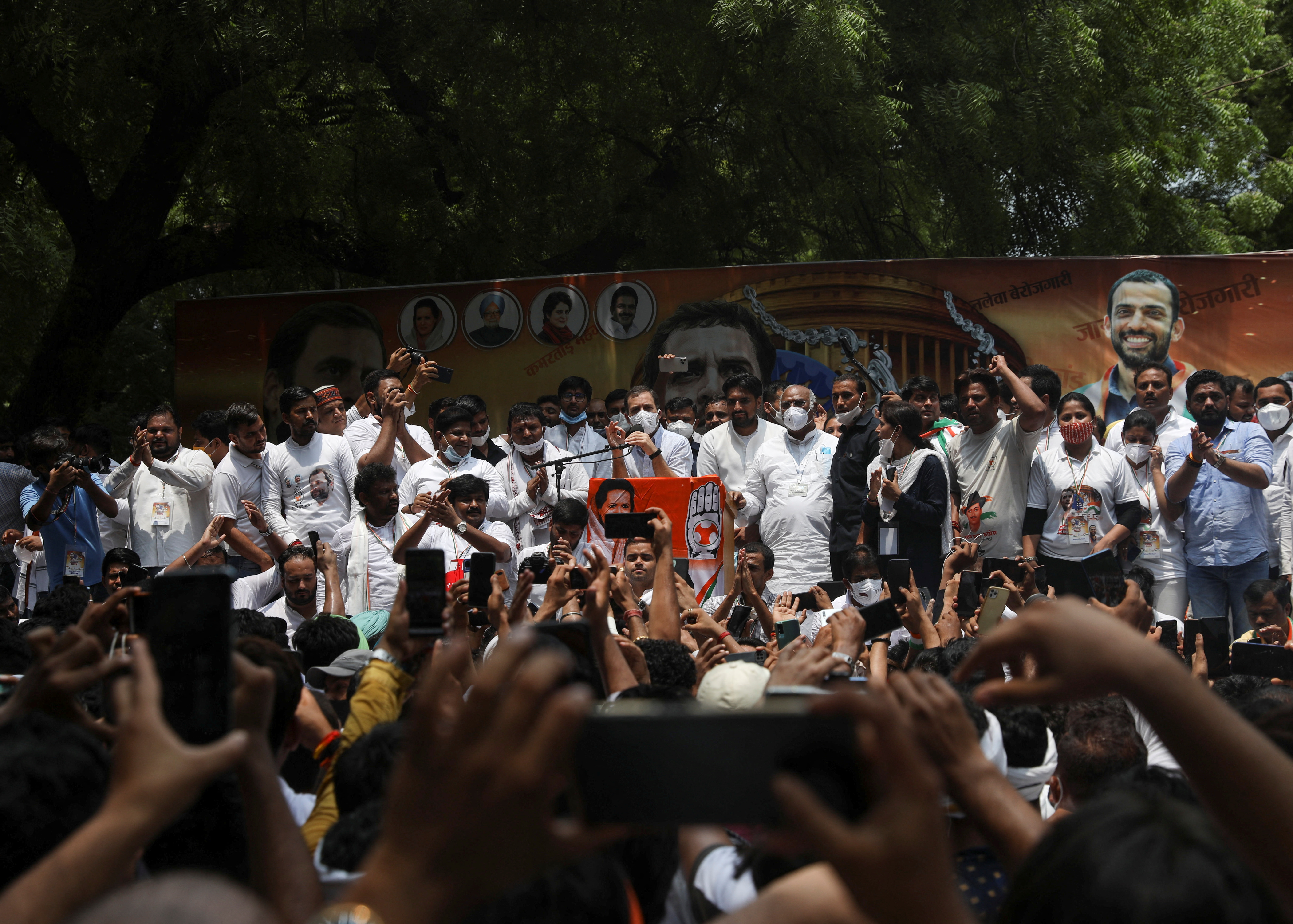 India's main opposition Congress party leader Rahul Gandhi attends a protest against what they say inflation, farm laws, unemployment and Pegasus snooping, in New Delhi, India, August 5, 2021. REUTERS/Anushree Fadnavis