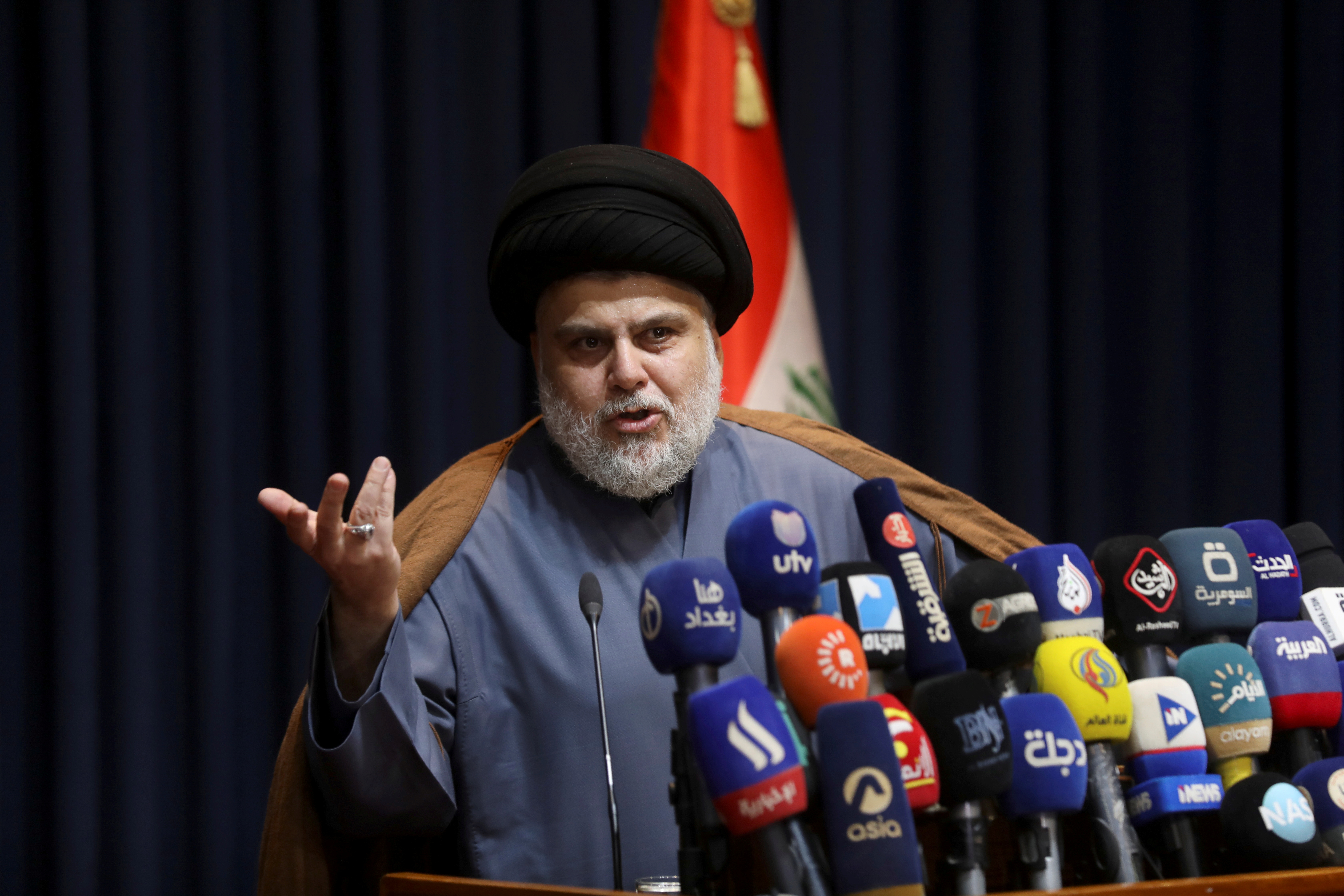 Iraqi Shi'ite cleric Muqtada al-Sadr speaks during a news conference in Najaf, Iraq, November 18, 2021 REUTERS/Alaa Al-Marjani