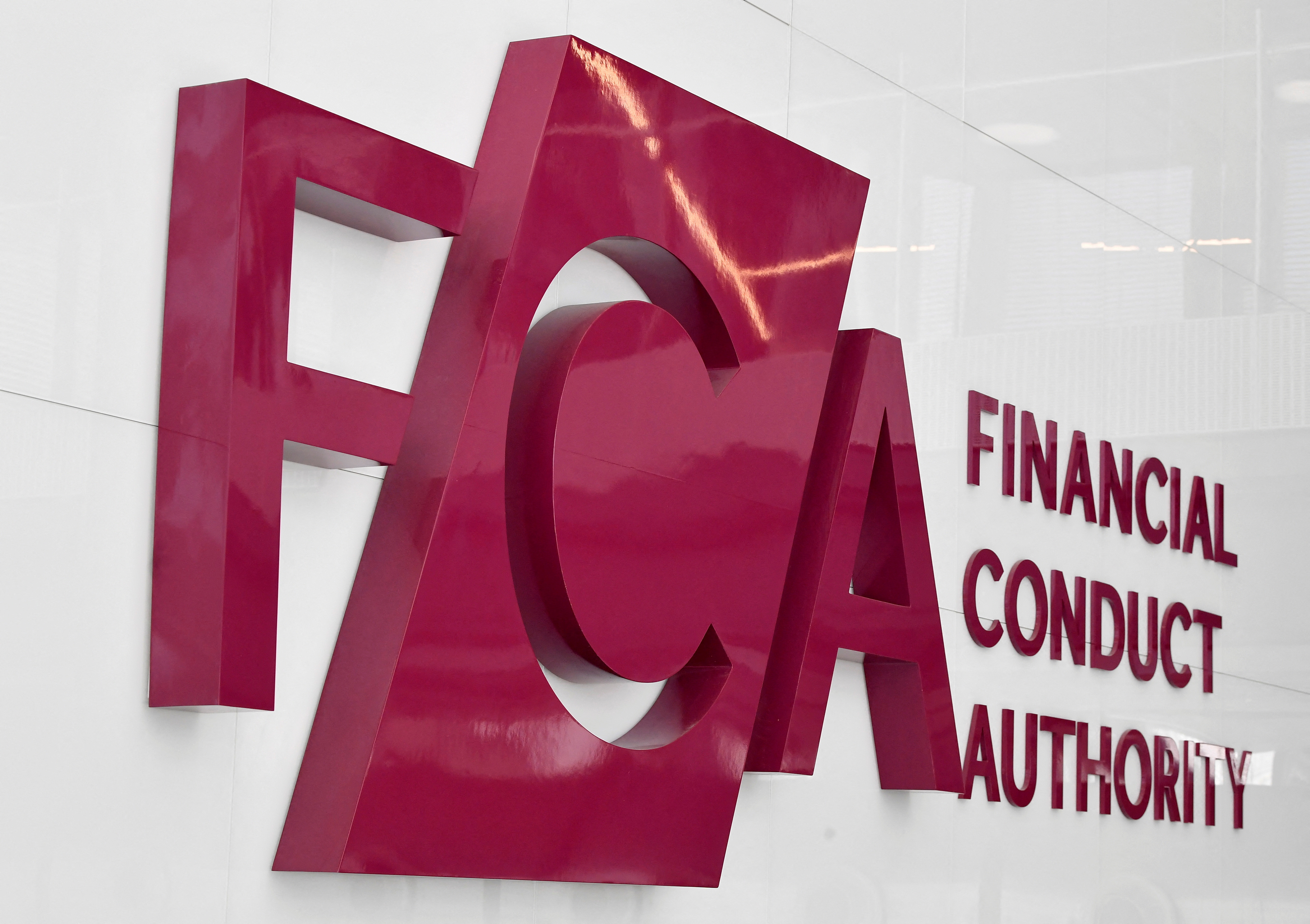 FCA signage is seen at the British regulatory body's head office in London