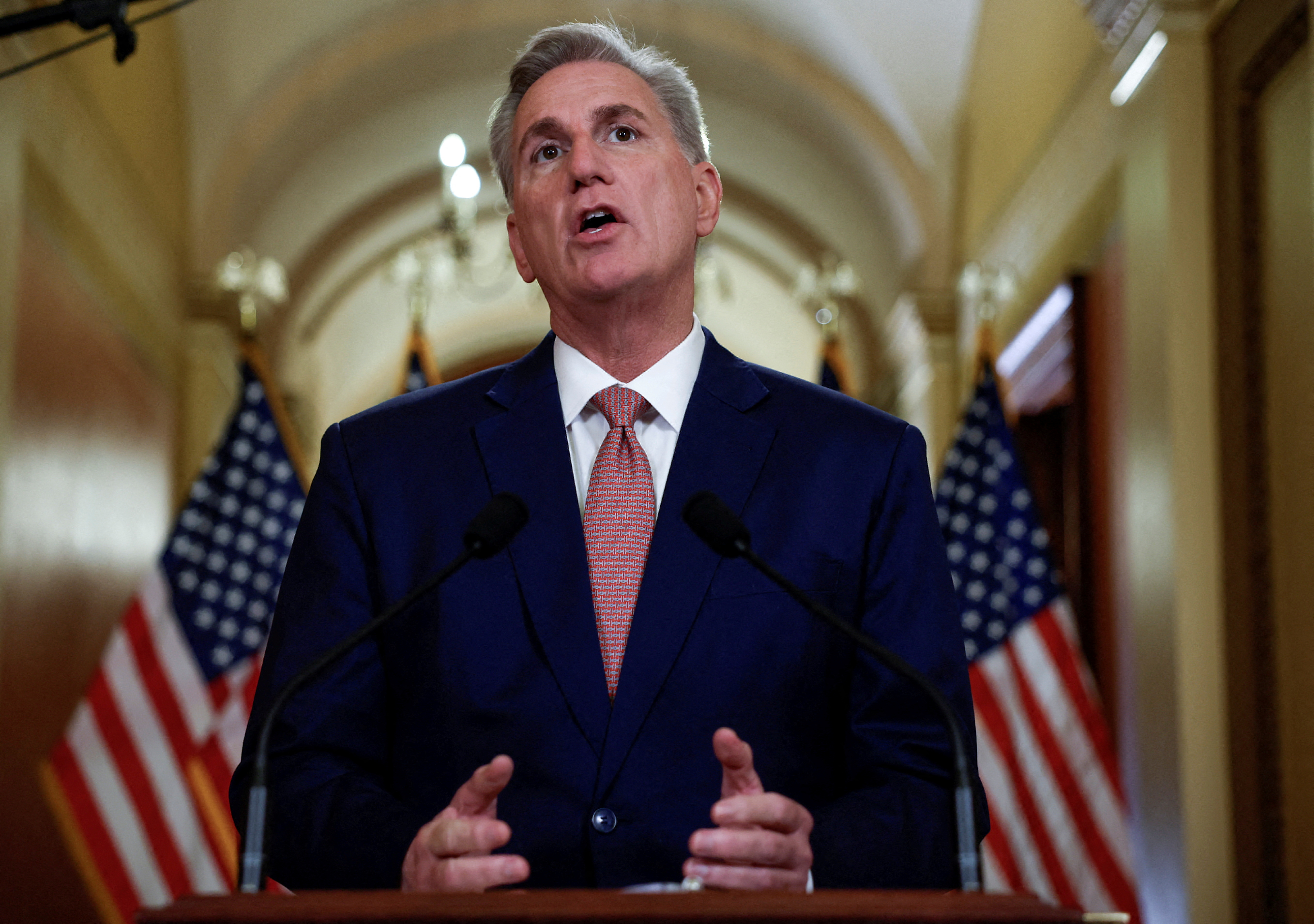 U.S. House Speaker Kevin McCarthy (R-CA) delivers remarks on the debt ceiling, in Washington