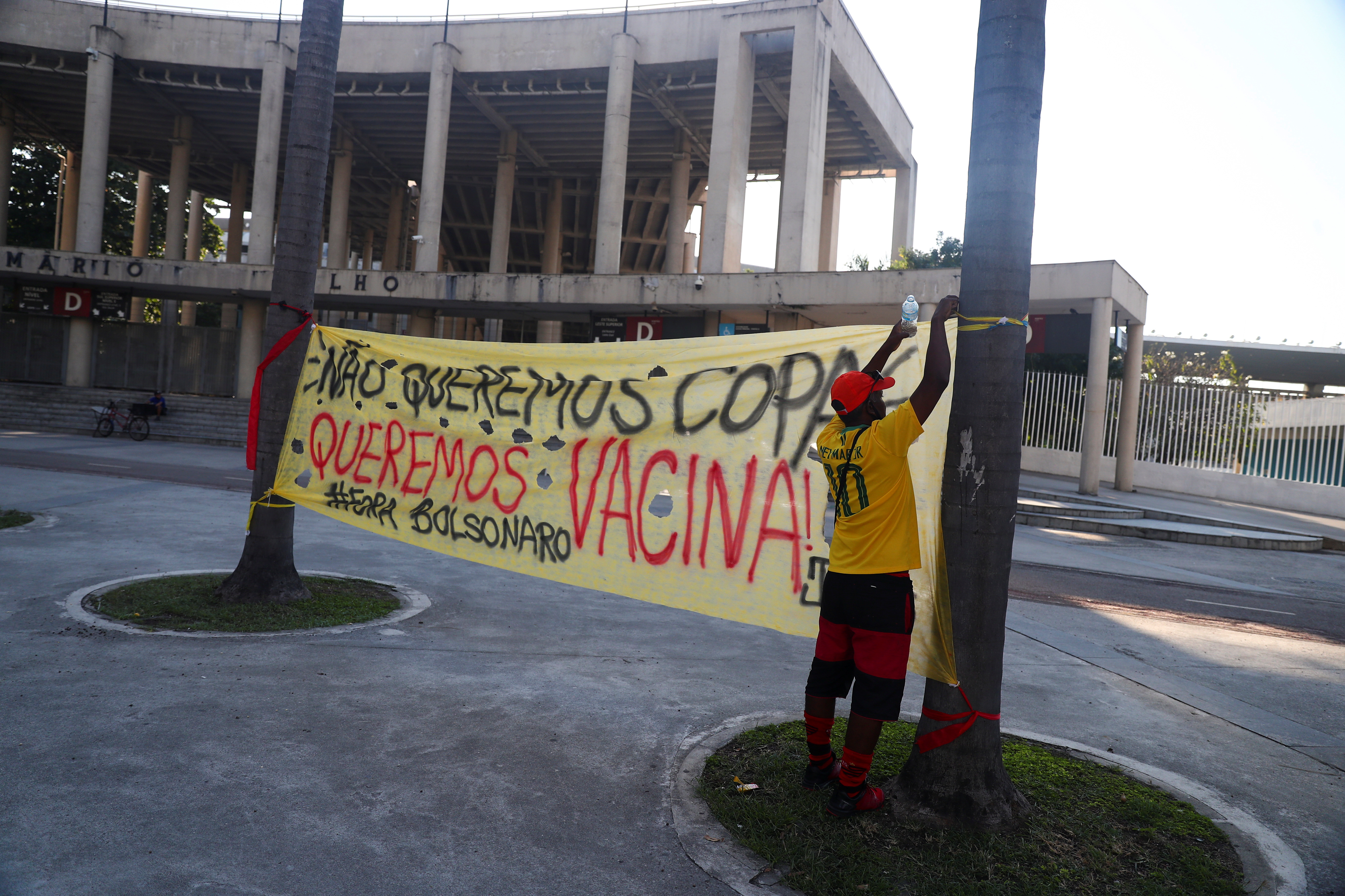 Banner outside the Maracana stadium in Rio de Janeiro