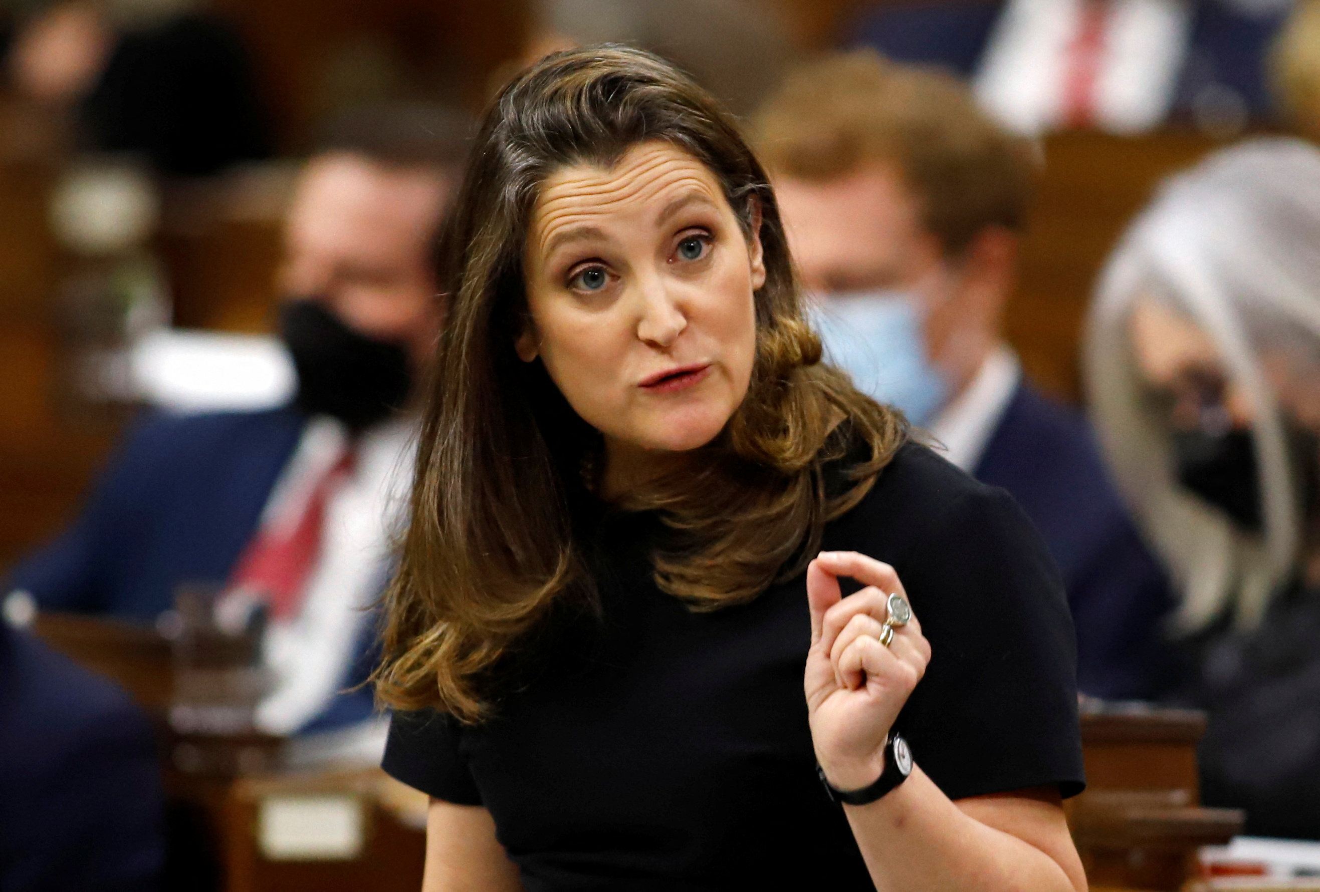 Canada's Deputy Prime Minister and Minister of Finance Chrystia Freeland speaks during Question Period in the House of Commons on Parliament Hill in Ottawa