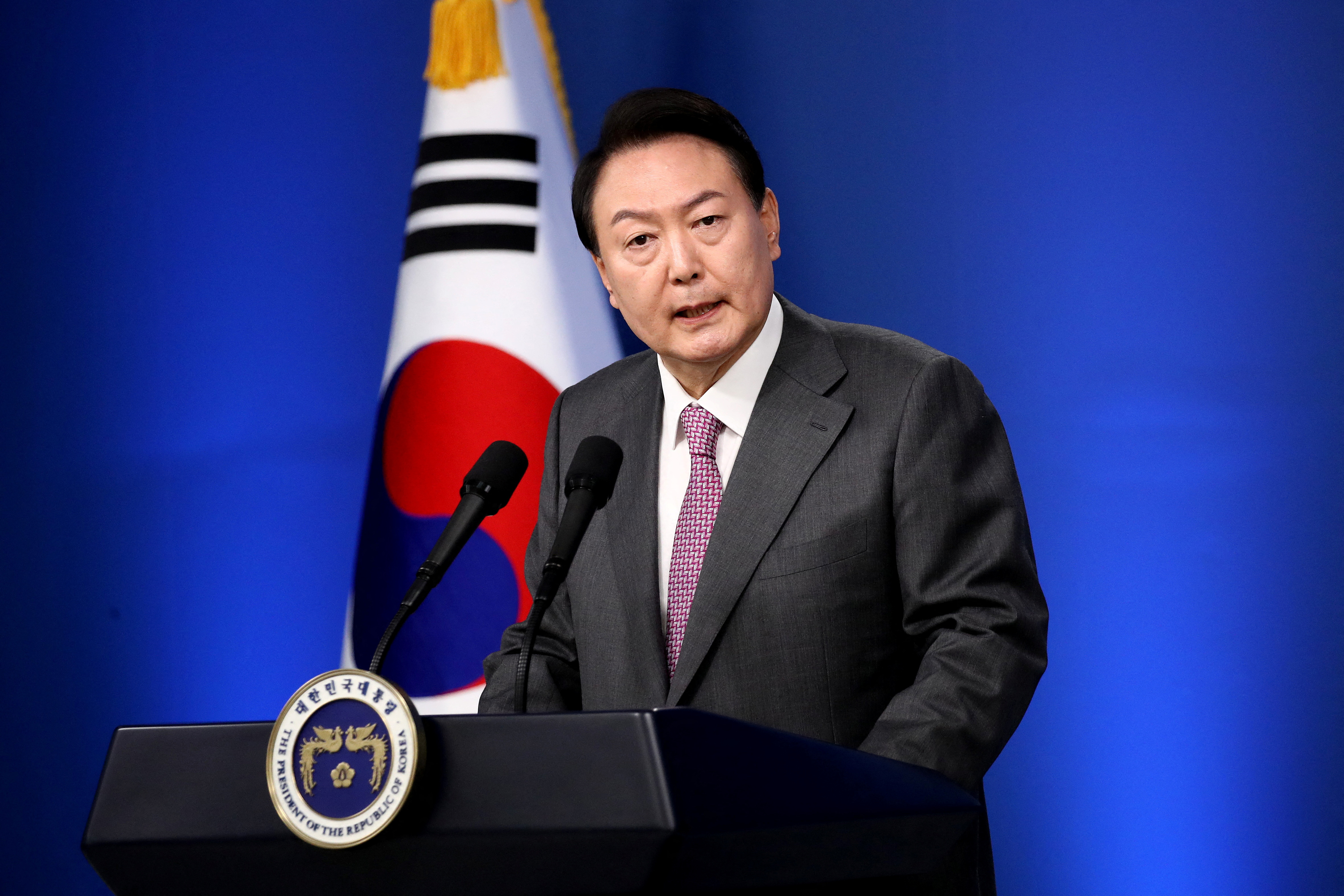 South Korea's President Yoon Suk-yeol holds first official news conference, in Seoul