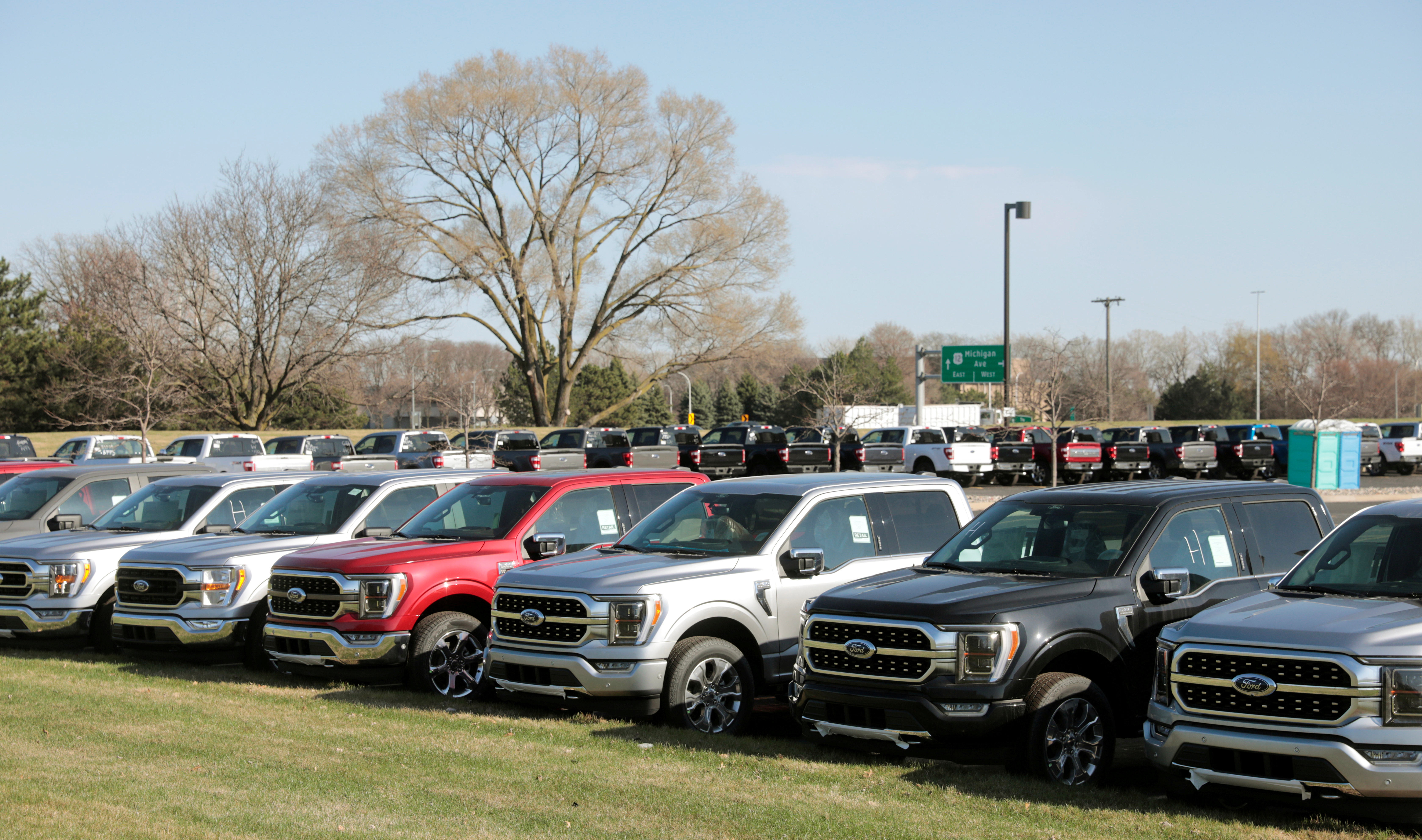 Newly manufactured Ford Motor Co. 2021 F-150 pick-up trucks are seen waiting for missing parts in Dearborn, Michigan, U.S., March 29, 2021. Picture taken March 29, 2021.  REUTERS/Rebecca Cook/File Photo
