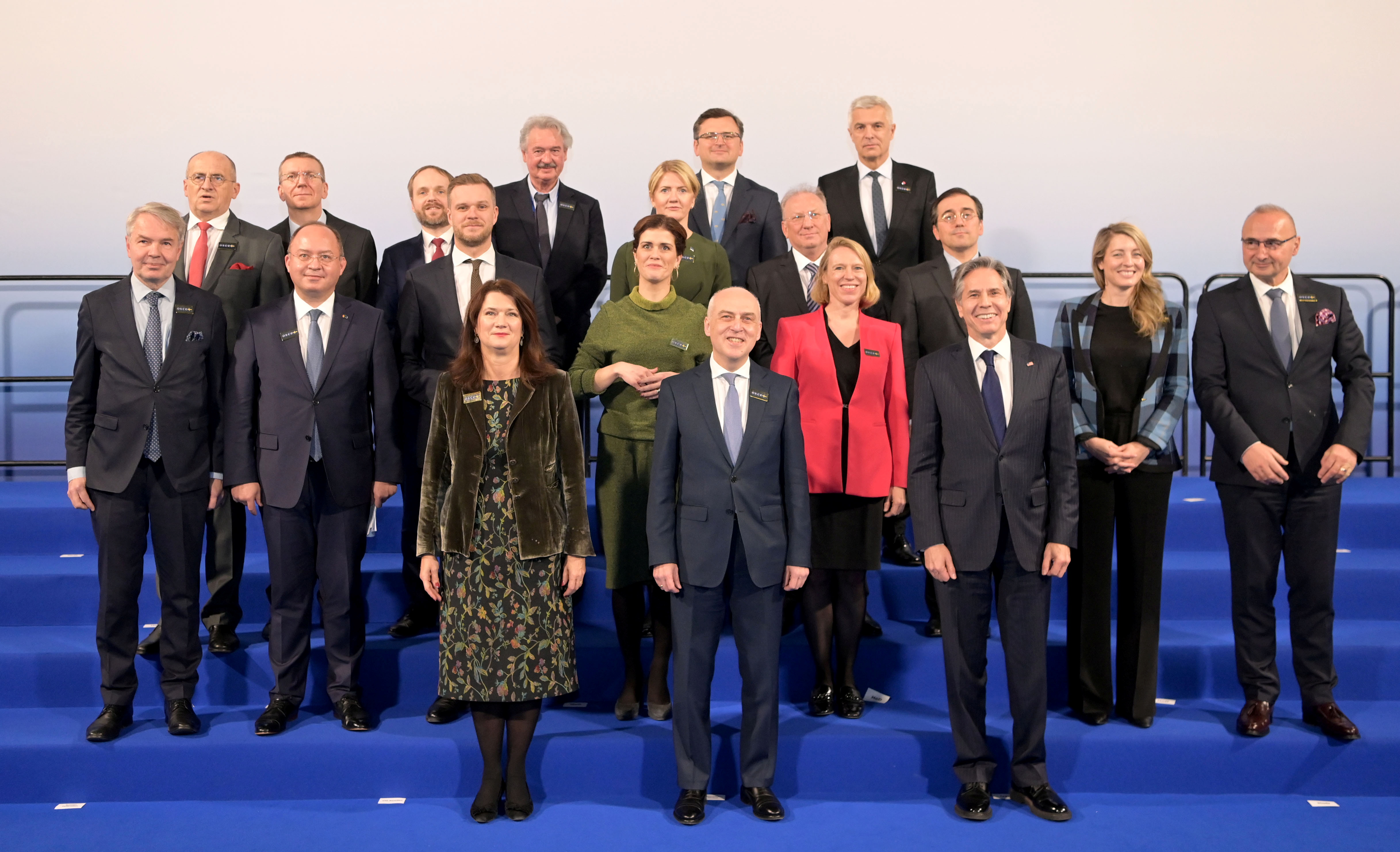 Participants pose for a family photo during a ministerial meeting of the Organisation for Security and Cooperation in Europe (OSCE) on December 2, 2021 in Stockholm, Sweden December 2, 2021. Jonathan Nackstrand/Pool via REUTERS