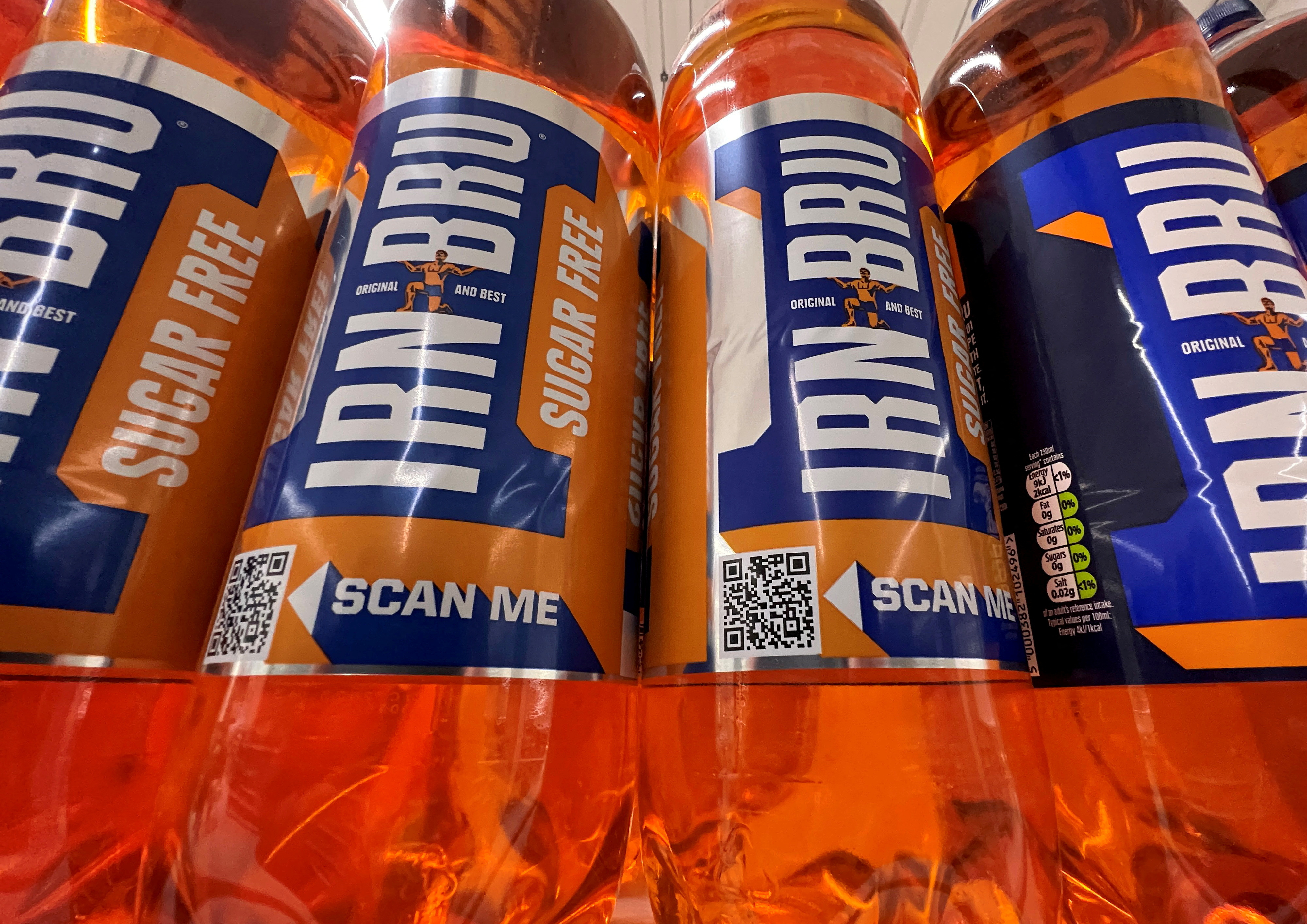 Bottles of Irn-Bru drink, produced by drinks manufacturer A.G. Barr, are displayed in a supermarket in London