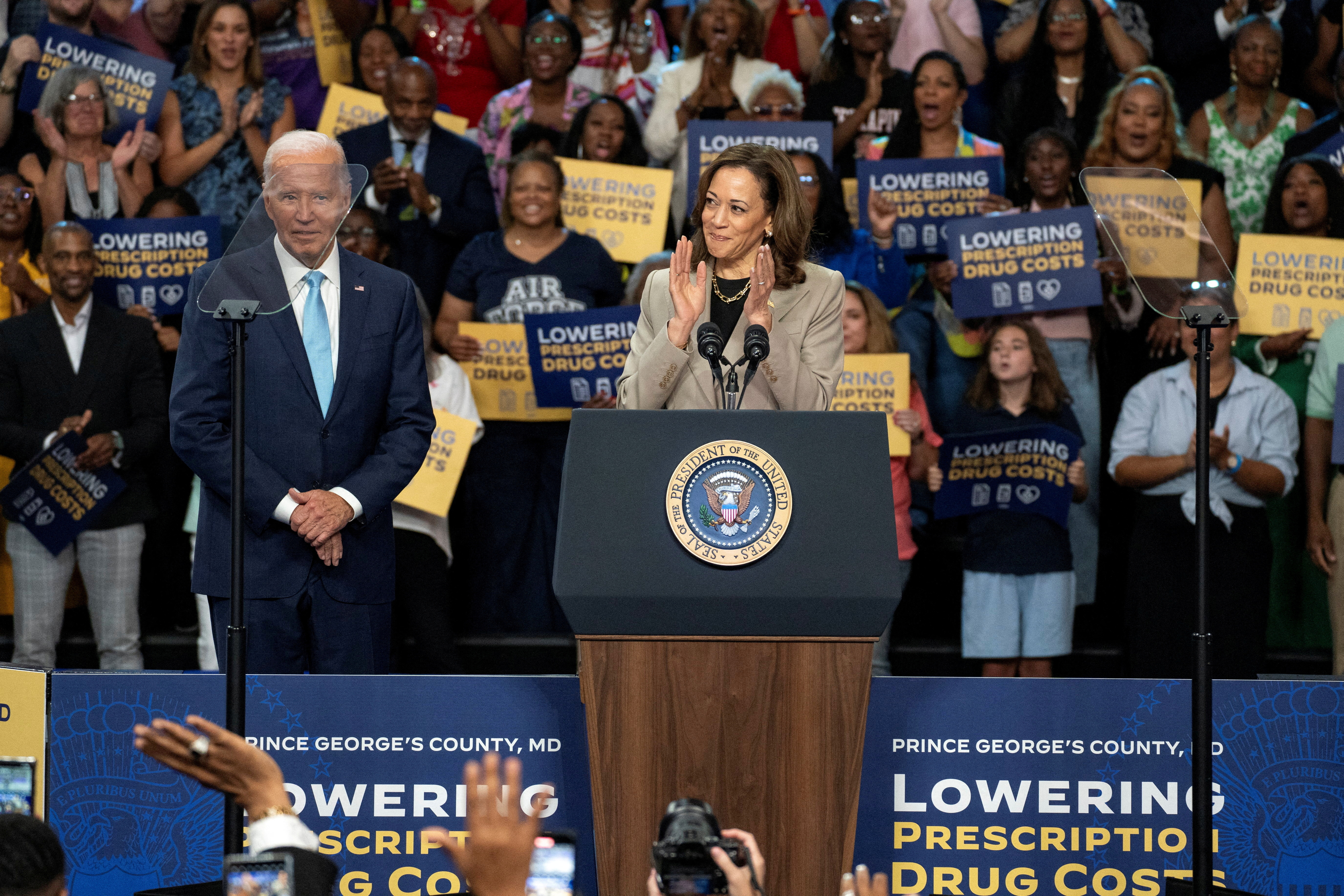 U.S. President Joe Biden and Vice President Kamala Harris speak in Maryland