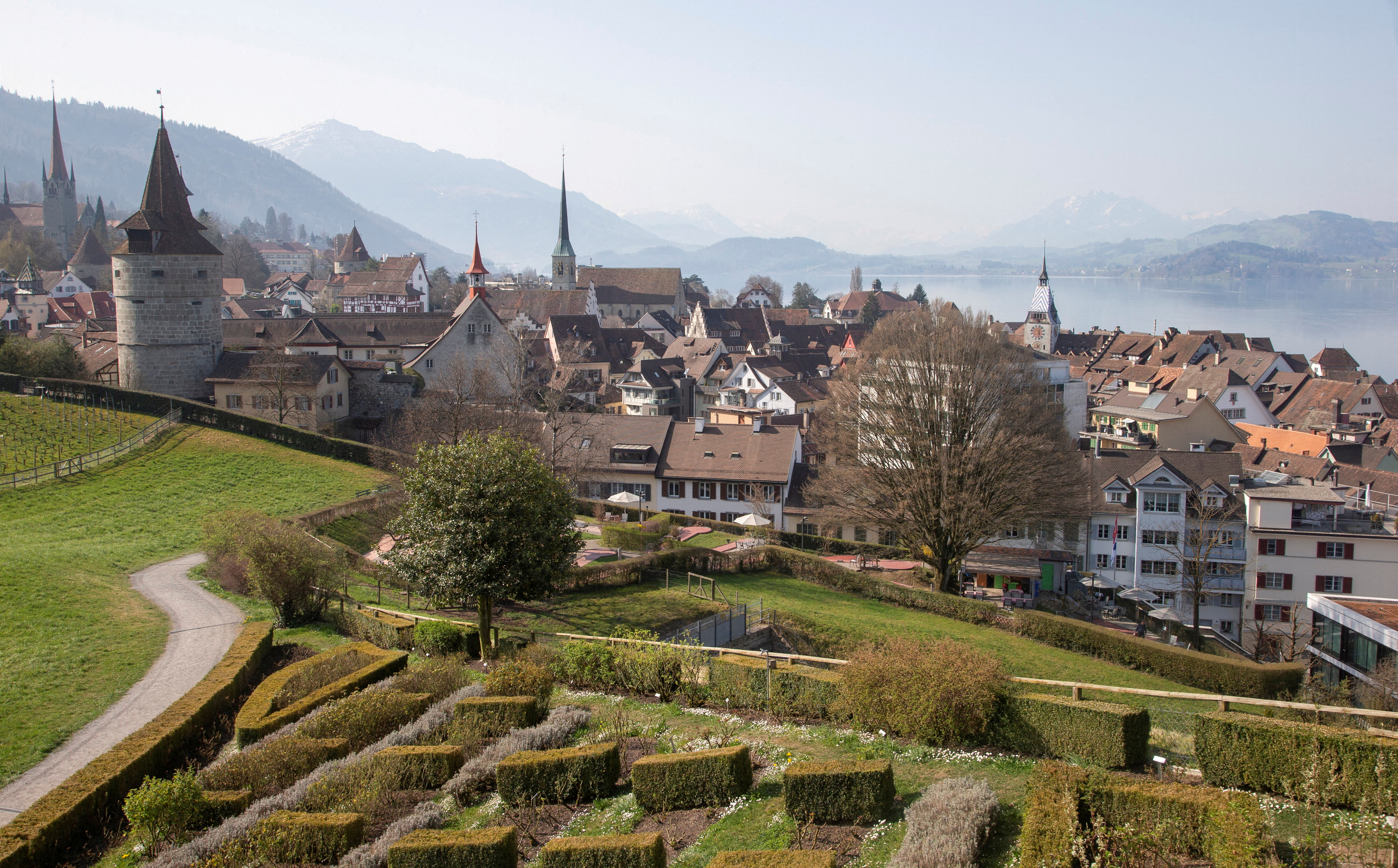 General view shows the central Swiss Alps and the town of Zug