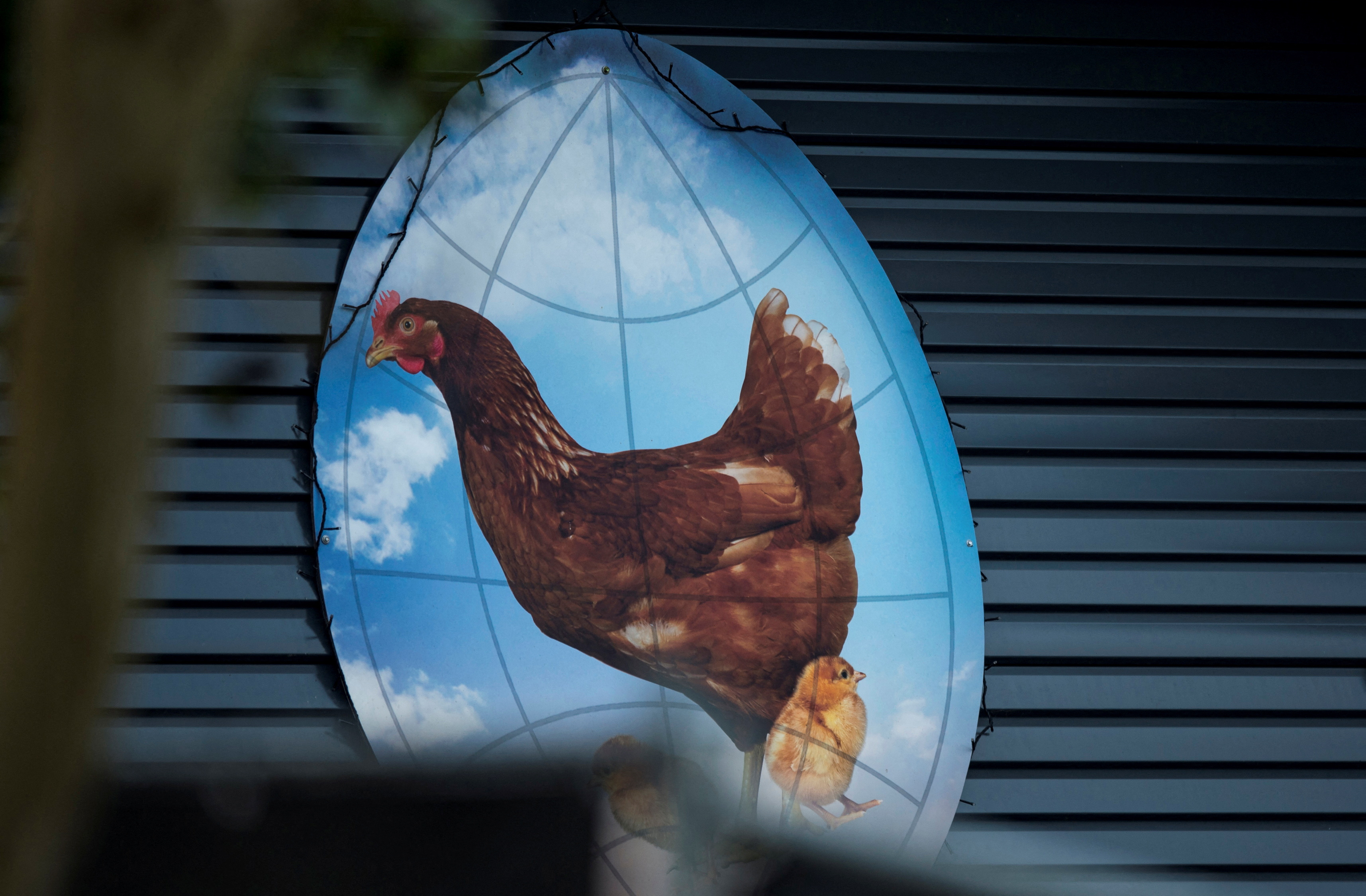 A logo is seen at the entrance of a poultry farm, where a highly contagious strain of bird flu was found by Dutch authorities, in Hekendorp