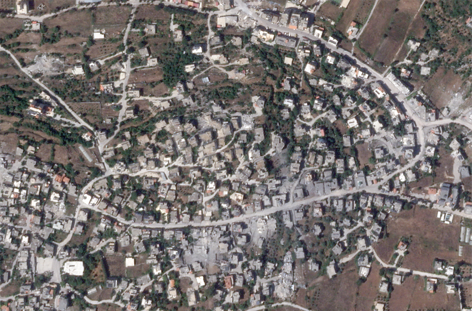 A satellite image shows damage in the Lebanese village of Aita al-Shaab