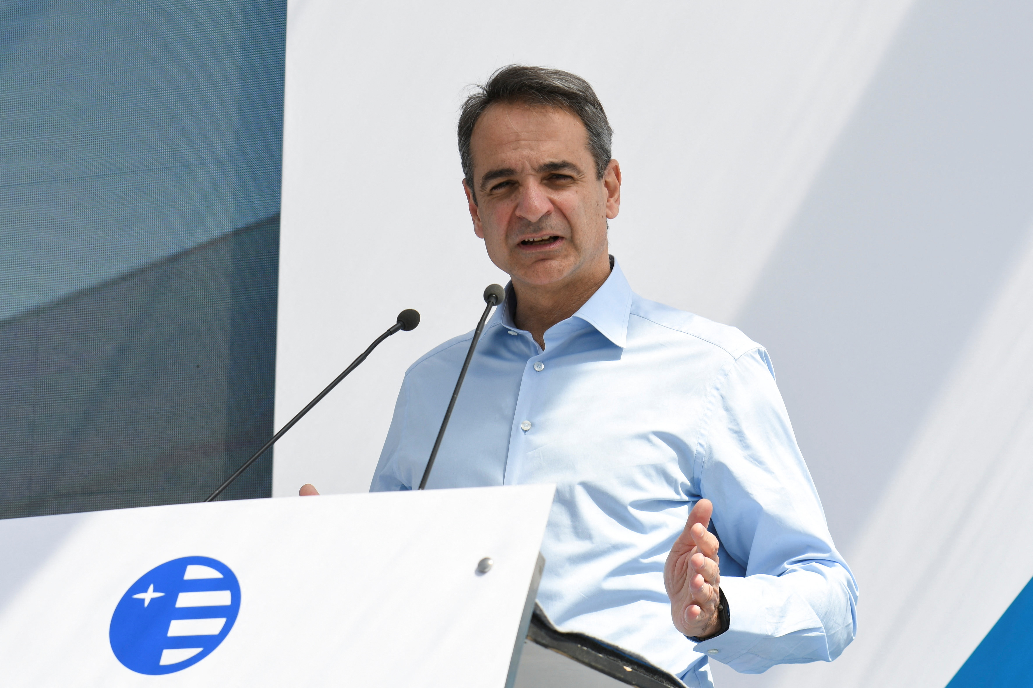 Greek Prime Minister Kyriakos Mitsotakis speaks during the launch event of a photovoltaic park near Kozani