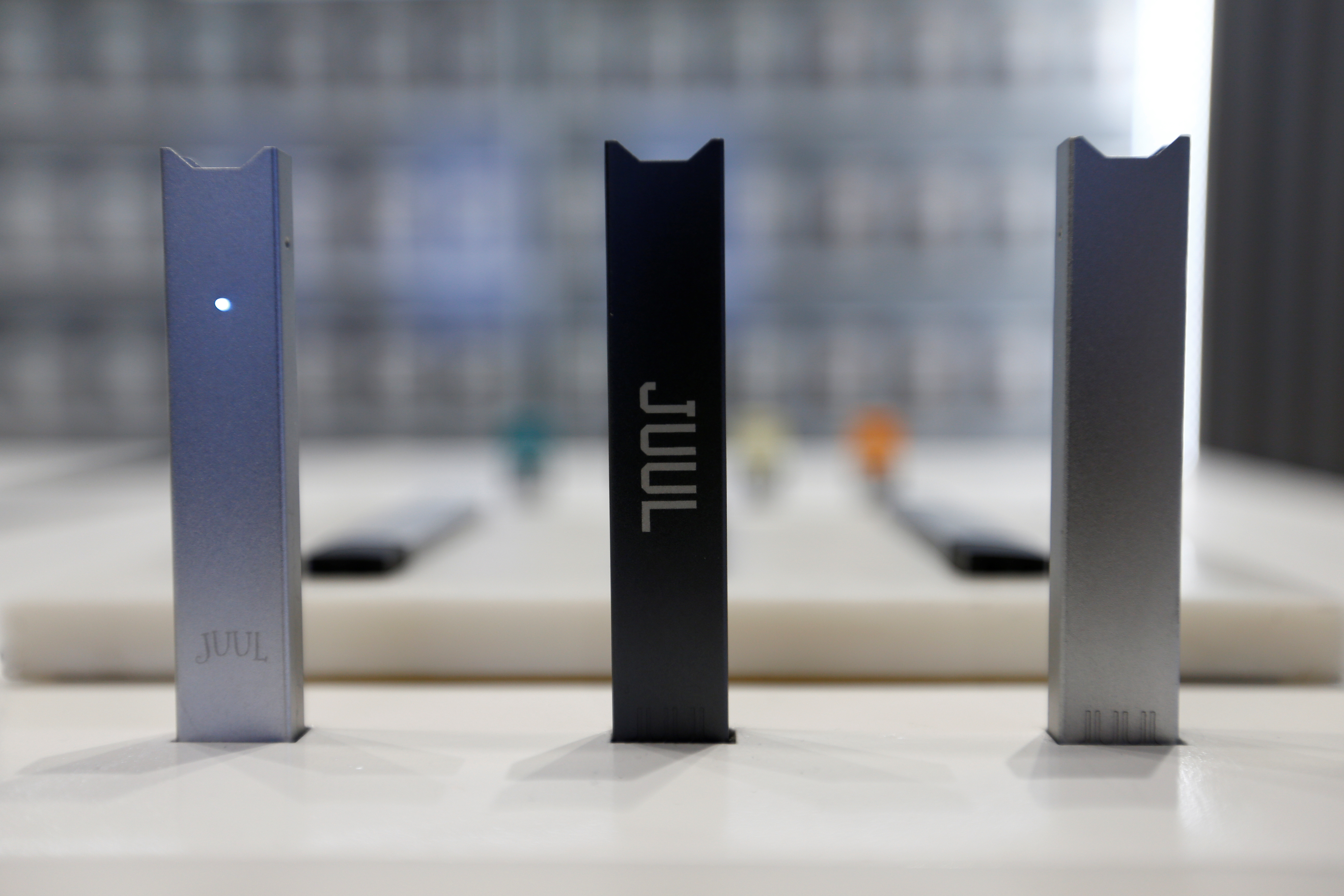 Juul brand vaping pens are displayed for sale at a Juul shop in Jakarta