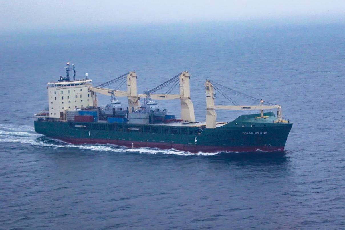 Cargo ship Ocean Grand carrying former U.S. Coast Guard patrol boats sails near the Black Sea port of Odessa