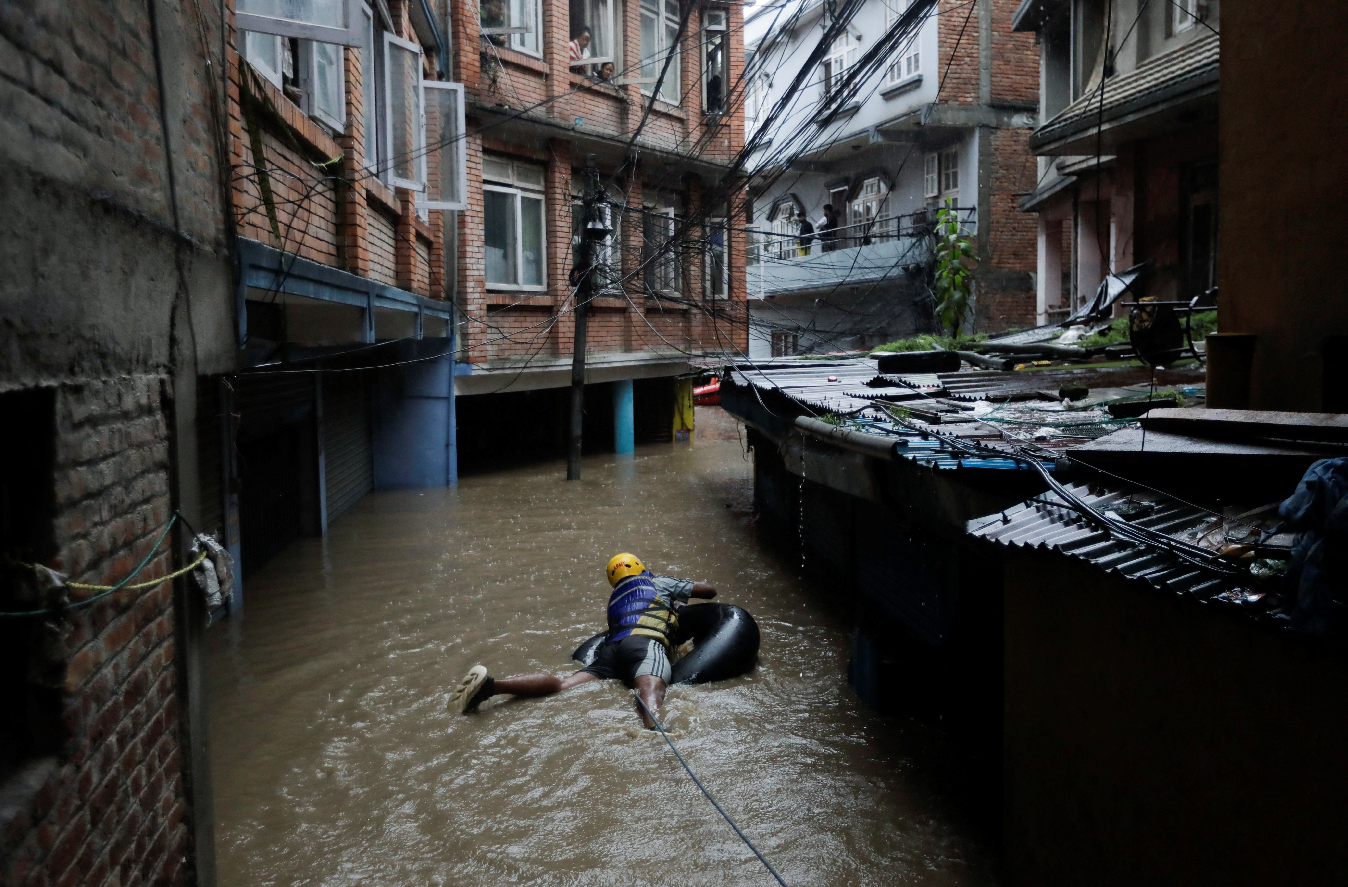 Flood along the bank of overflowing Bagmati River following heavy rains in Kathmandu