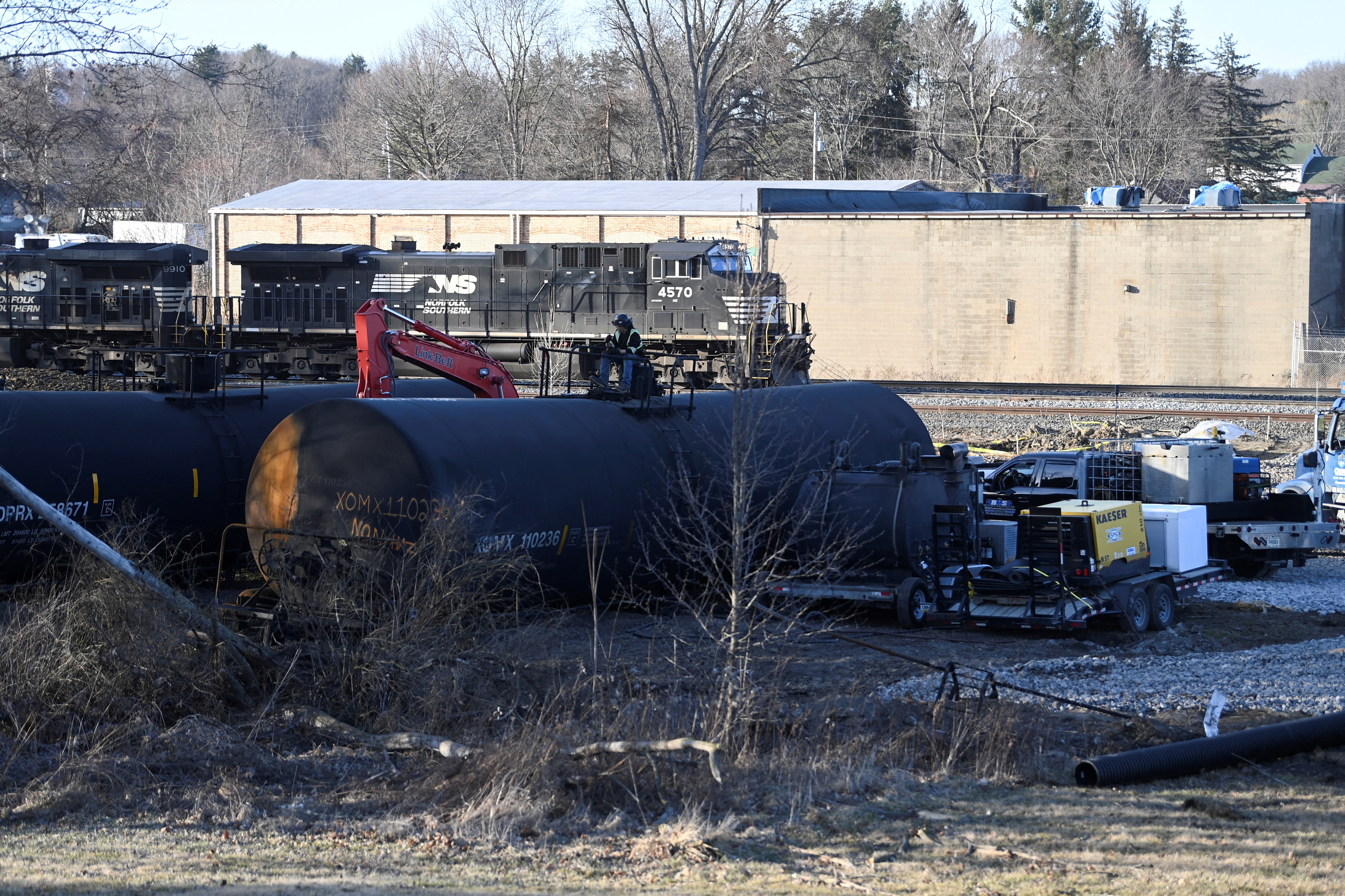 A general view of the site where toxic chemicals were spilled following a train derailment, in East Palestine