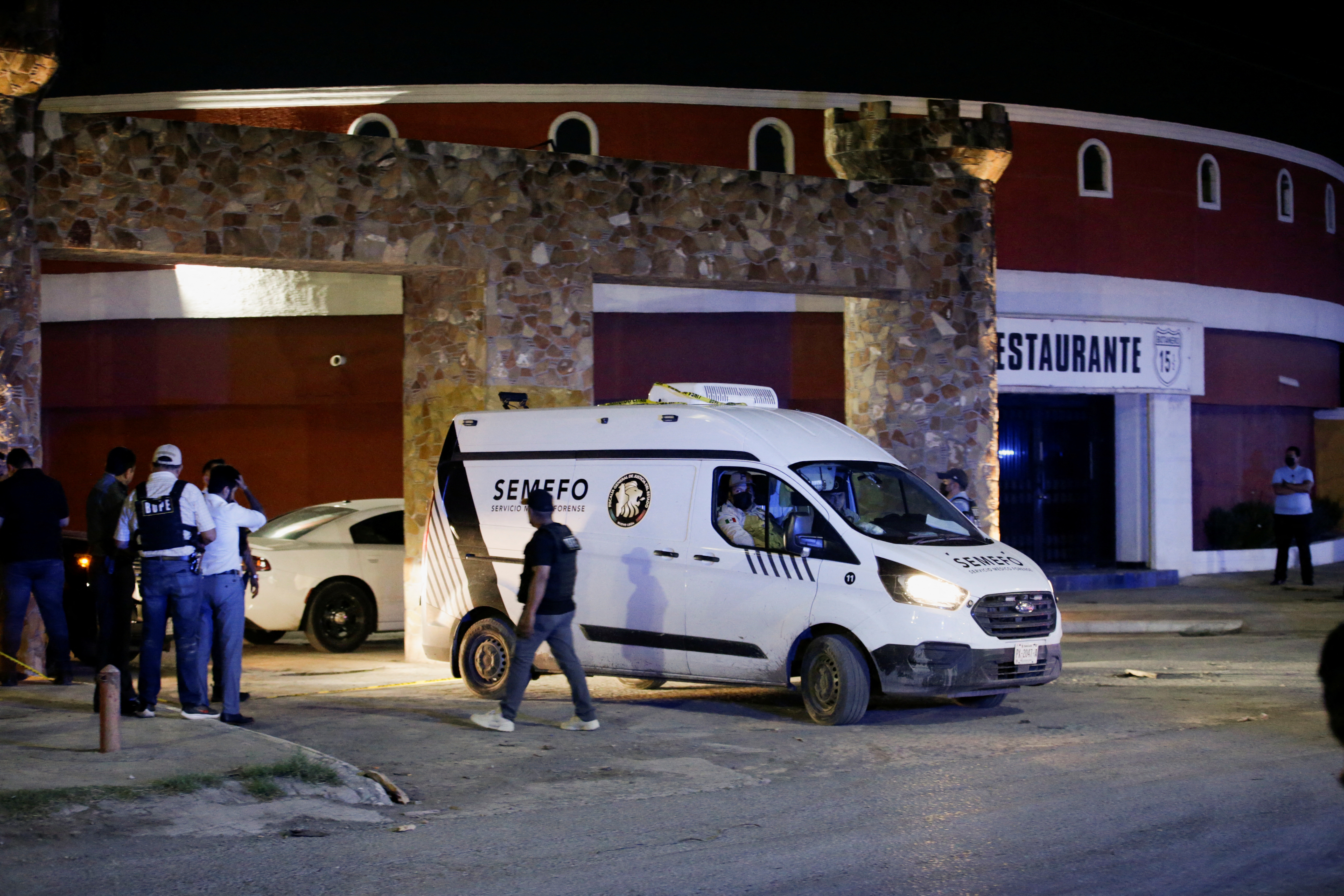 A forensic vehicle transporting the body of a woman found inside a water tank, leaves the Nueva Castilla Motel, near the place where Debanhi Escobar, an 18-year old student, has been missing since April 9, in Escobedo