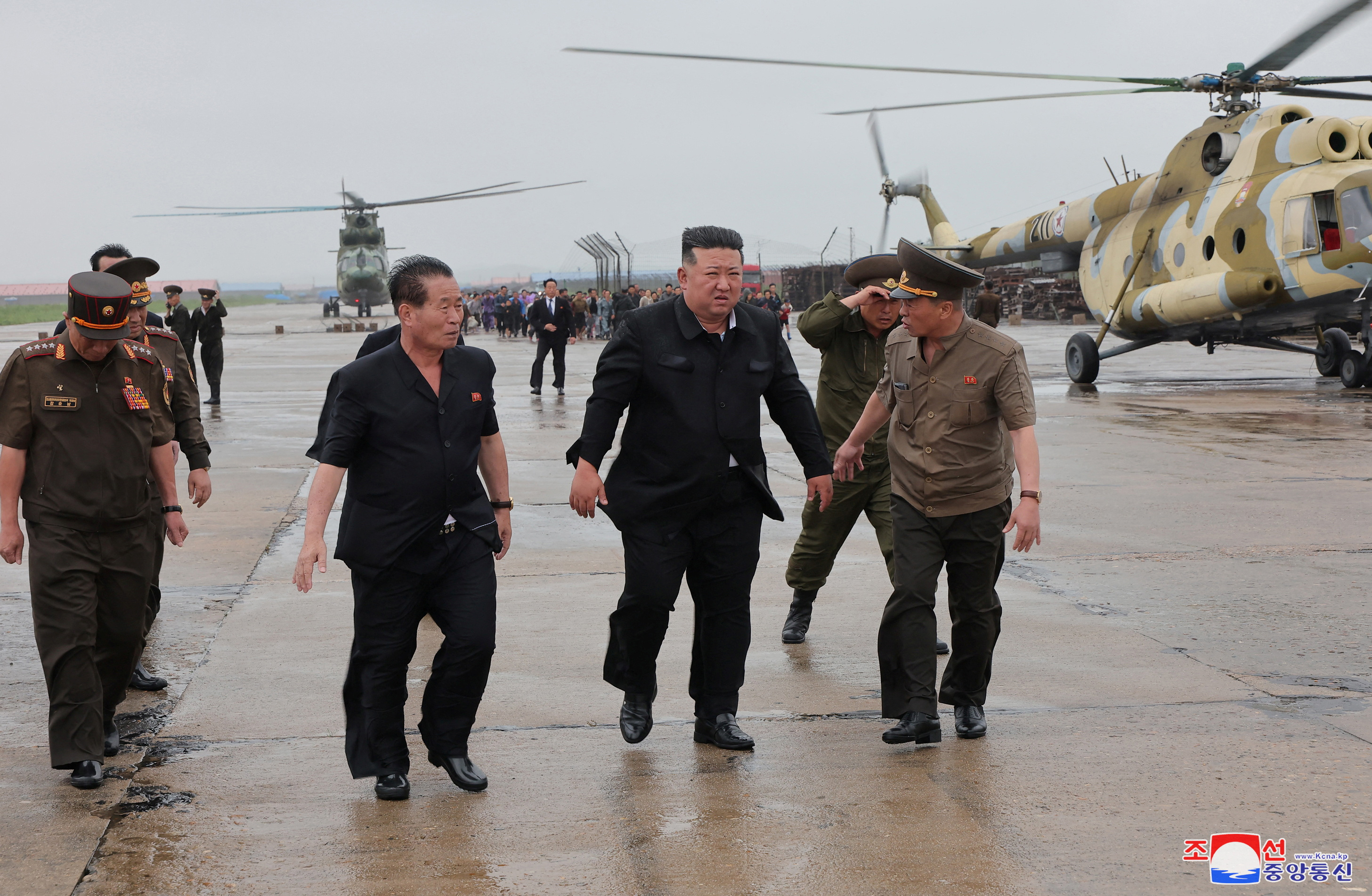 North Korean leader Kim Jong Un observes rescue efforts in flooded areas near the country's border with China, in North Pyongan Province