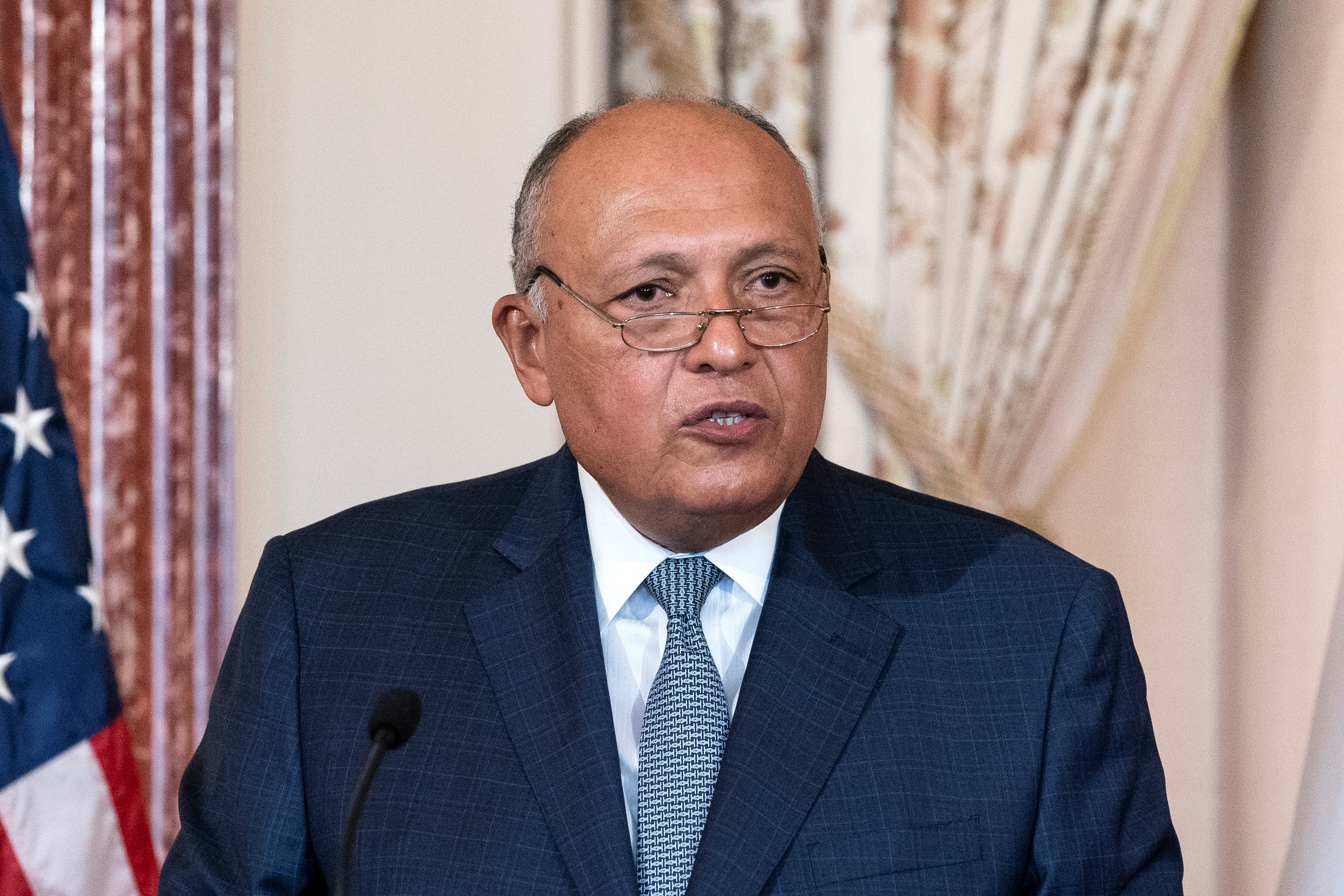 Egyptian Foreign Minister Sameh Shoukry speaks during a U.S.-Egypt strategic dialogue with Secretary of State Antony Blinken at the State Department