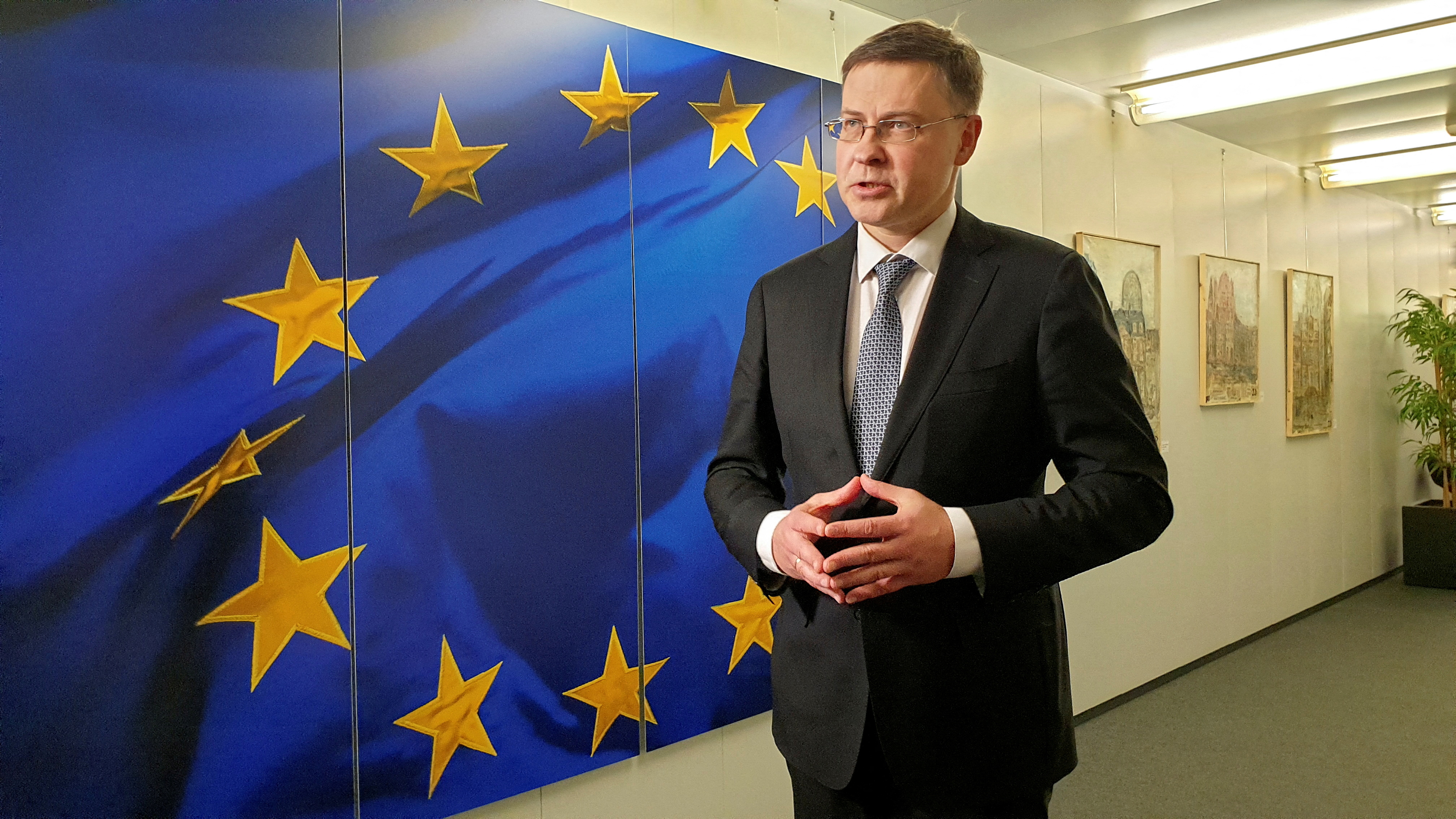 European Commission Vice President Valdis Dombrovskis speaks during an interview with Reuters in Brussels