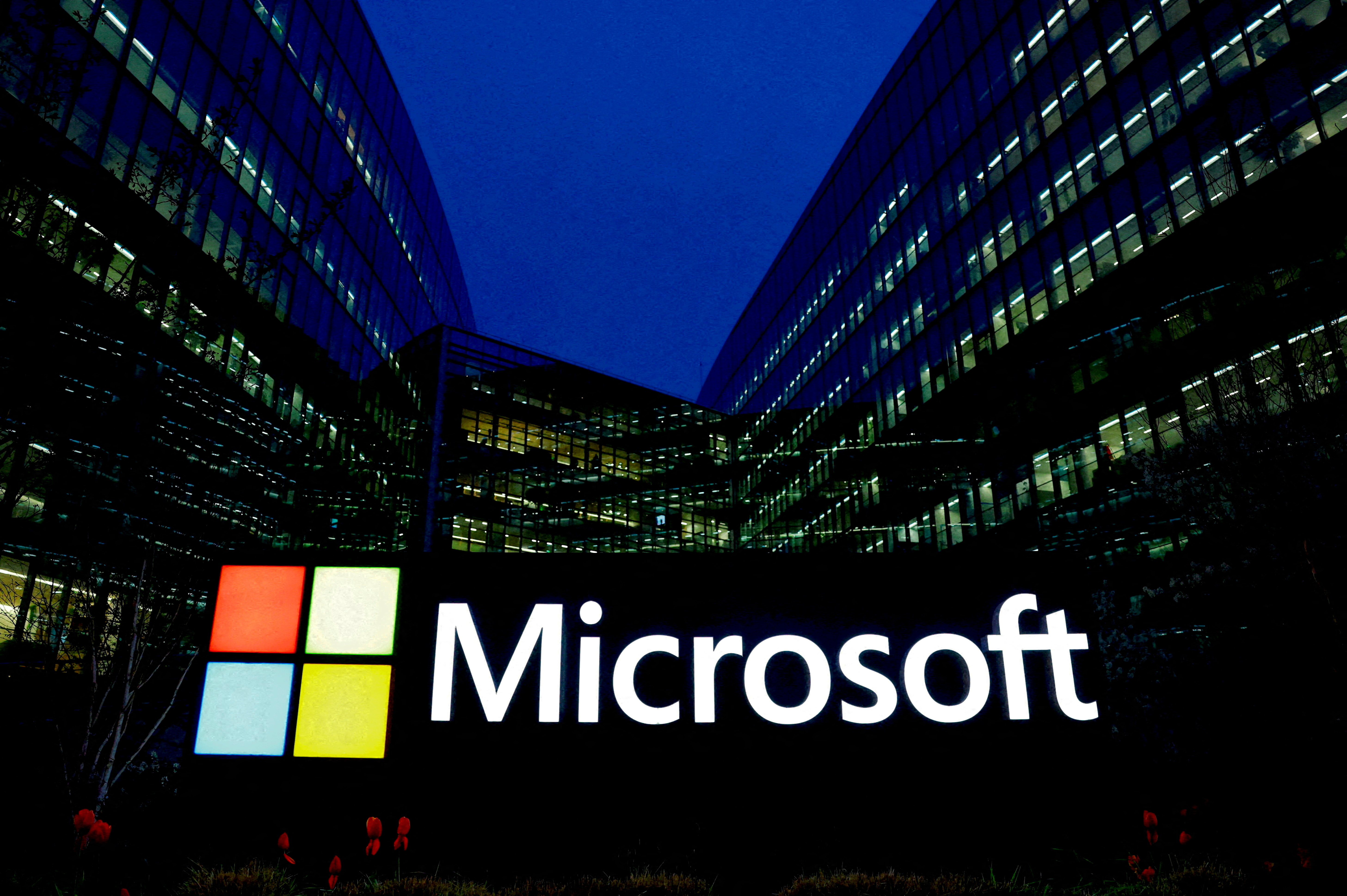 A Microsoft logo is seen in Issy-les-Moulineaux near Paris