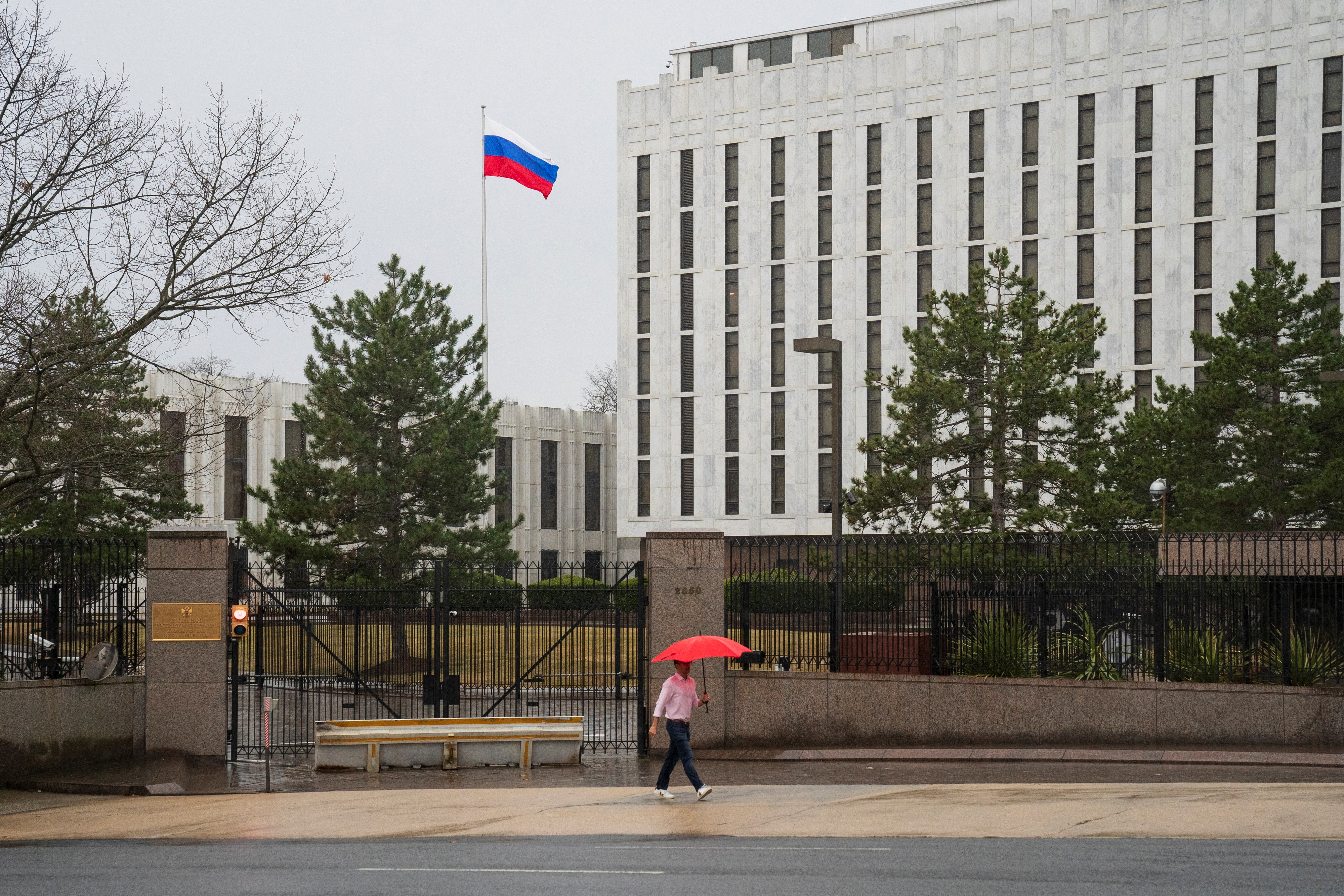 The Russian Embassy, as President Biden announces new sanctions on Russia, in Washington