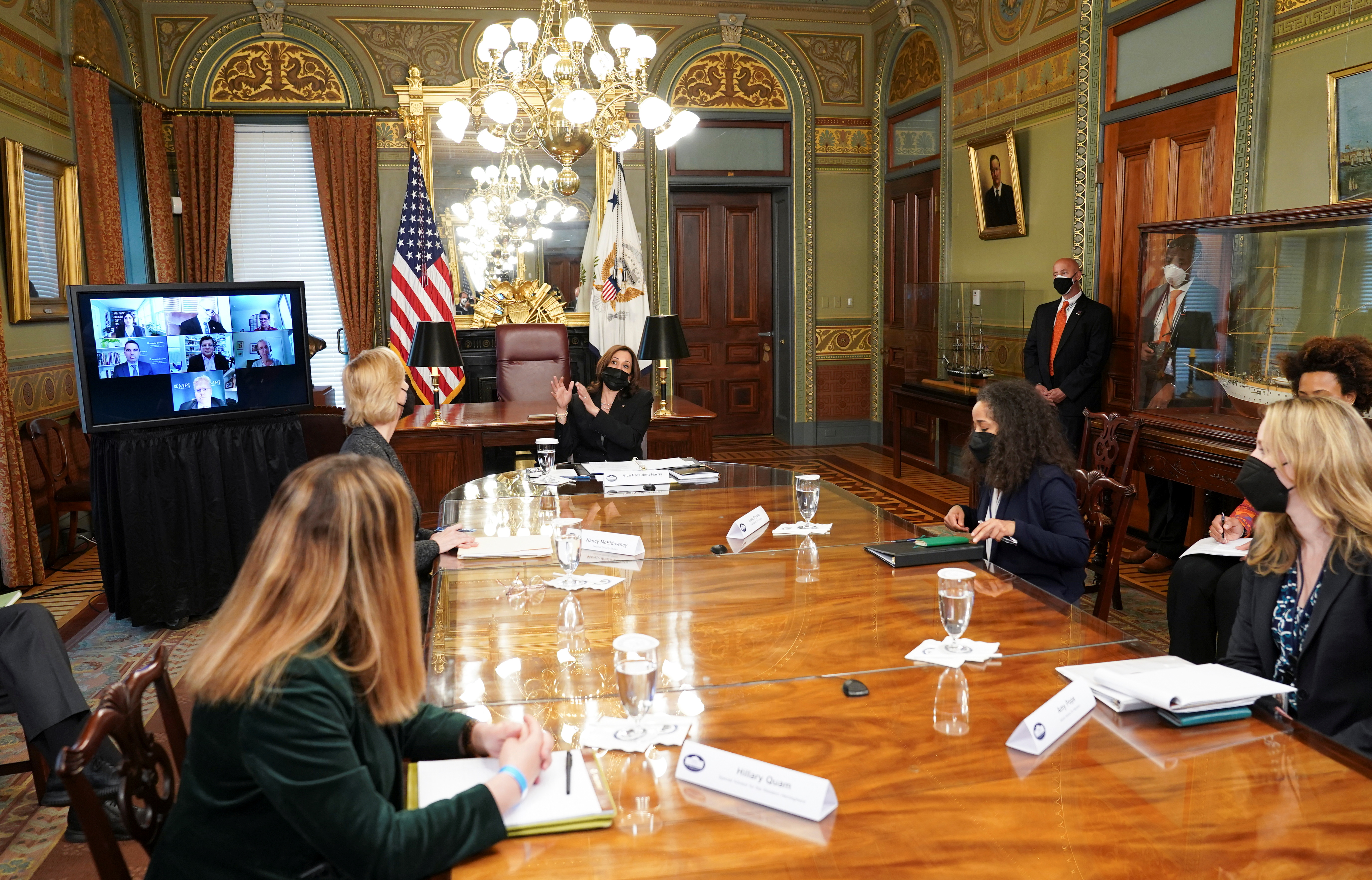 Vice President Harris convenes a virtual roundtable of experts on the Northern Triangle at the White House in Washington
