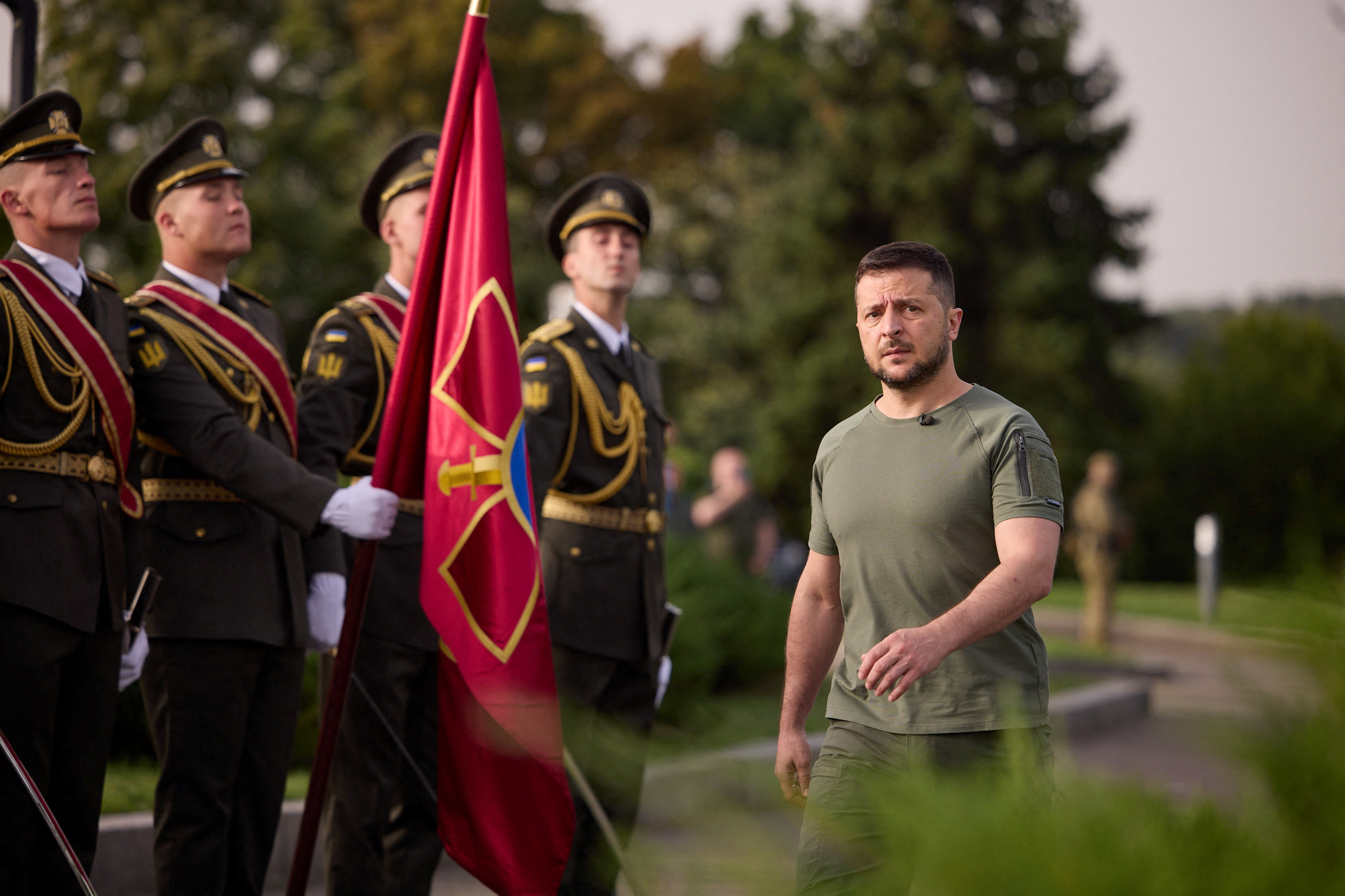 Ukraine's President Volodymyr Zelenskiy attends a raising ceremony of the country's biggest national flag to mark the Day of the State Flag in Kyiv