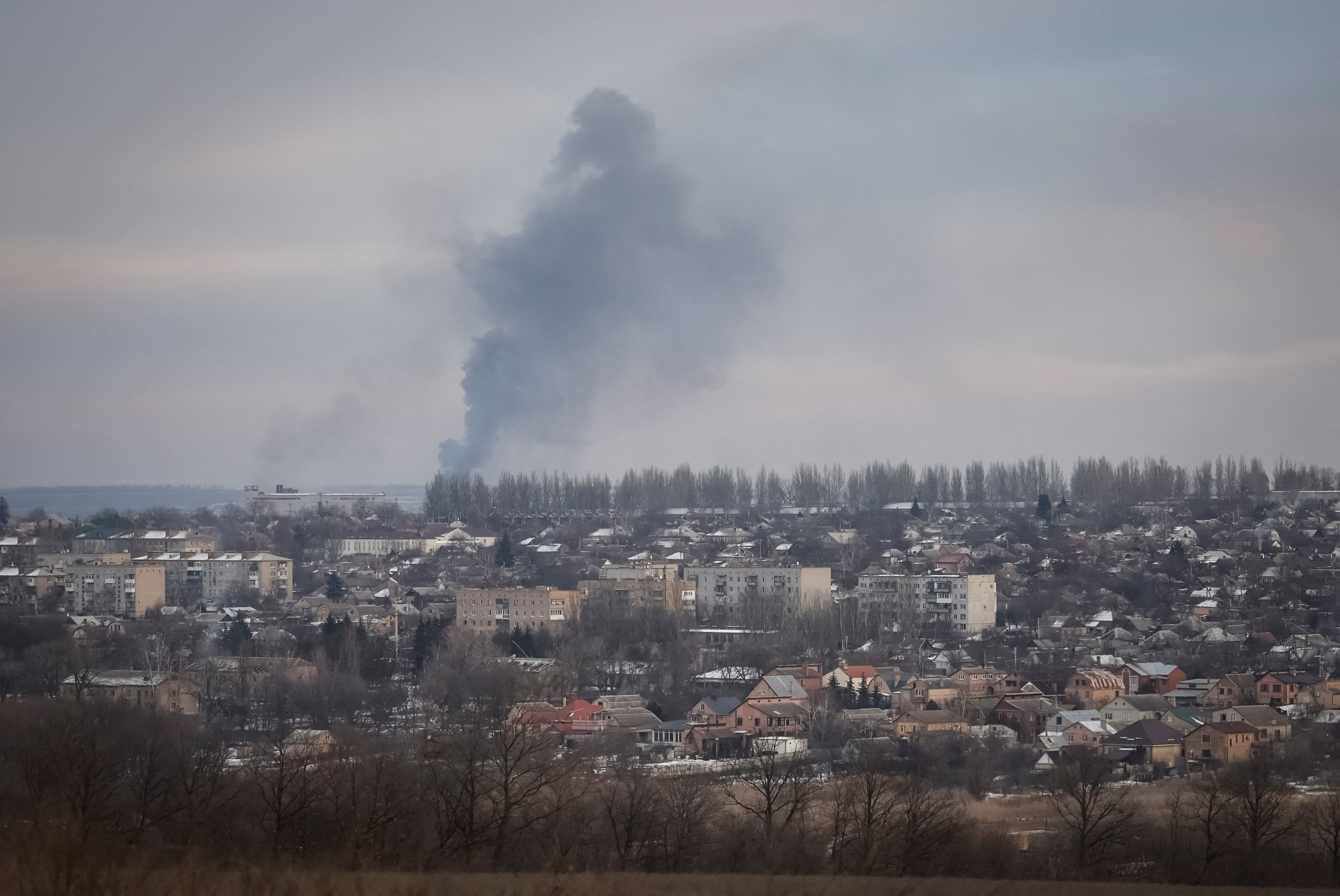 Smog is seen during a shelling in the front line city of Bakhmut