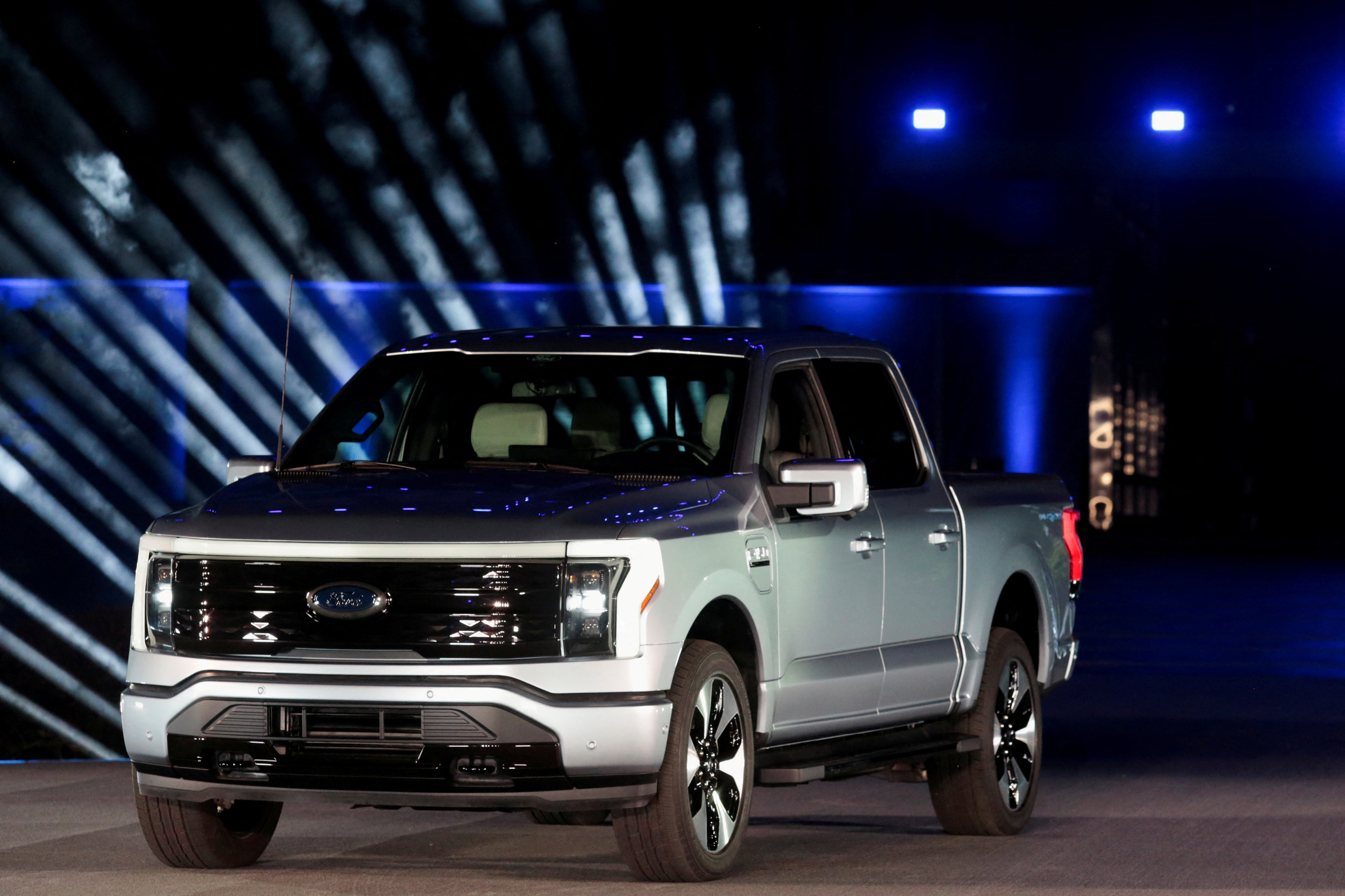 Unveiling of the all-electric Ford F-150 Lightning pickup, in Dearborn