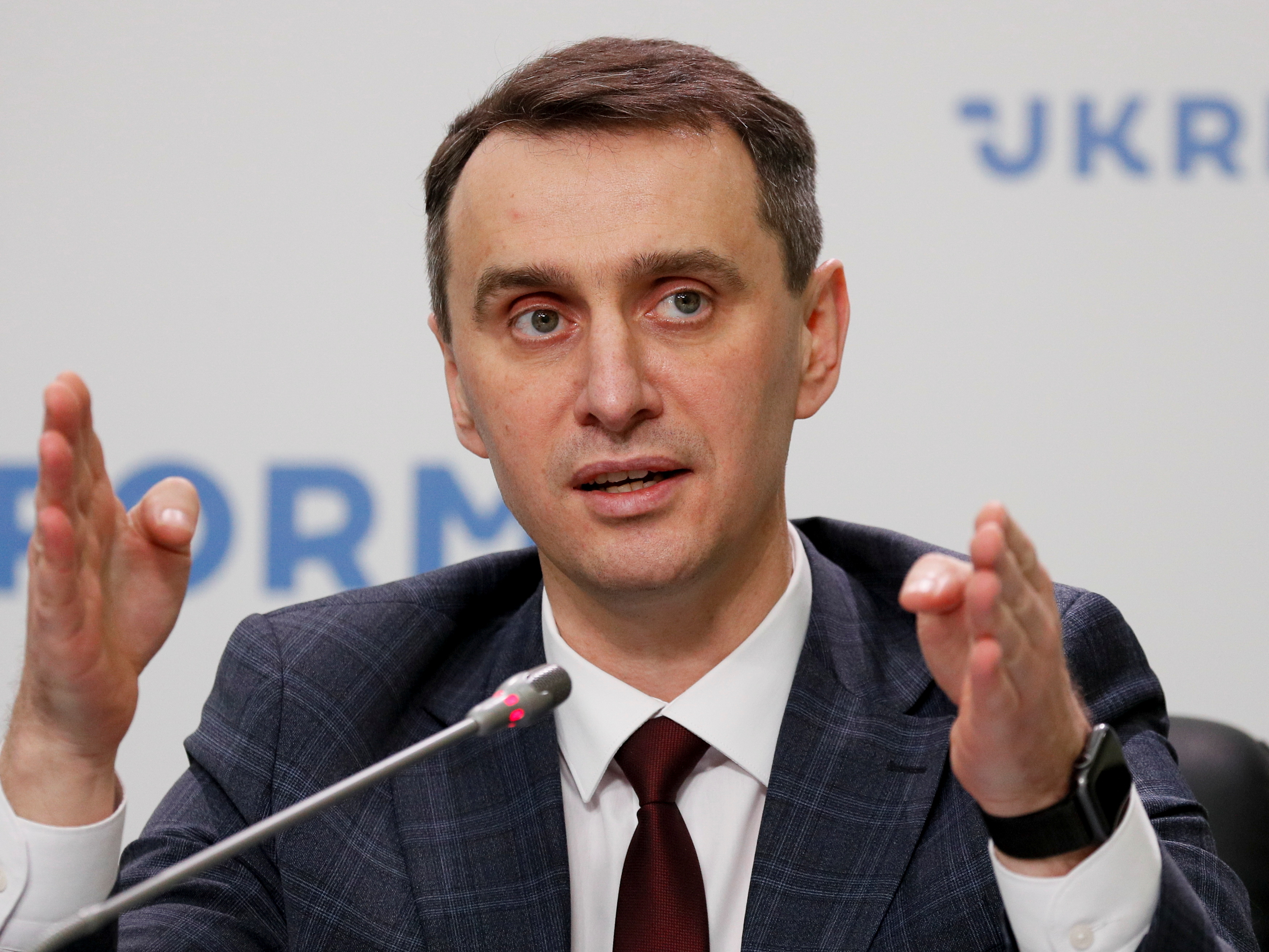 Deputy health minister Viktor Lyashko speaks during a news conference in Kyiv